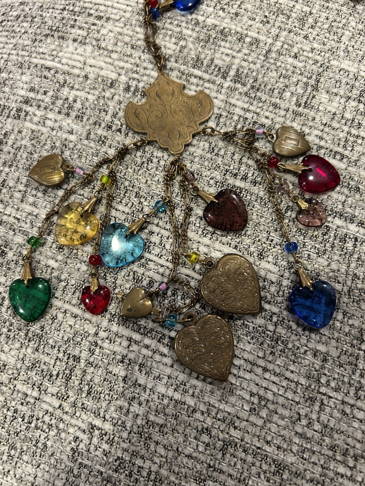 Signed Vintage Glass Works Studio Long Necklace Colored Glass Hearts Victorian