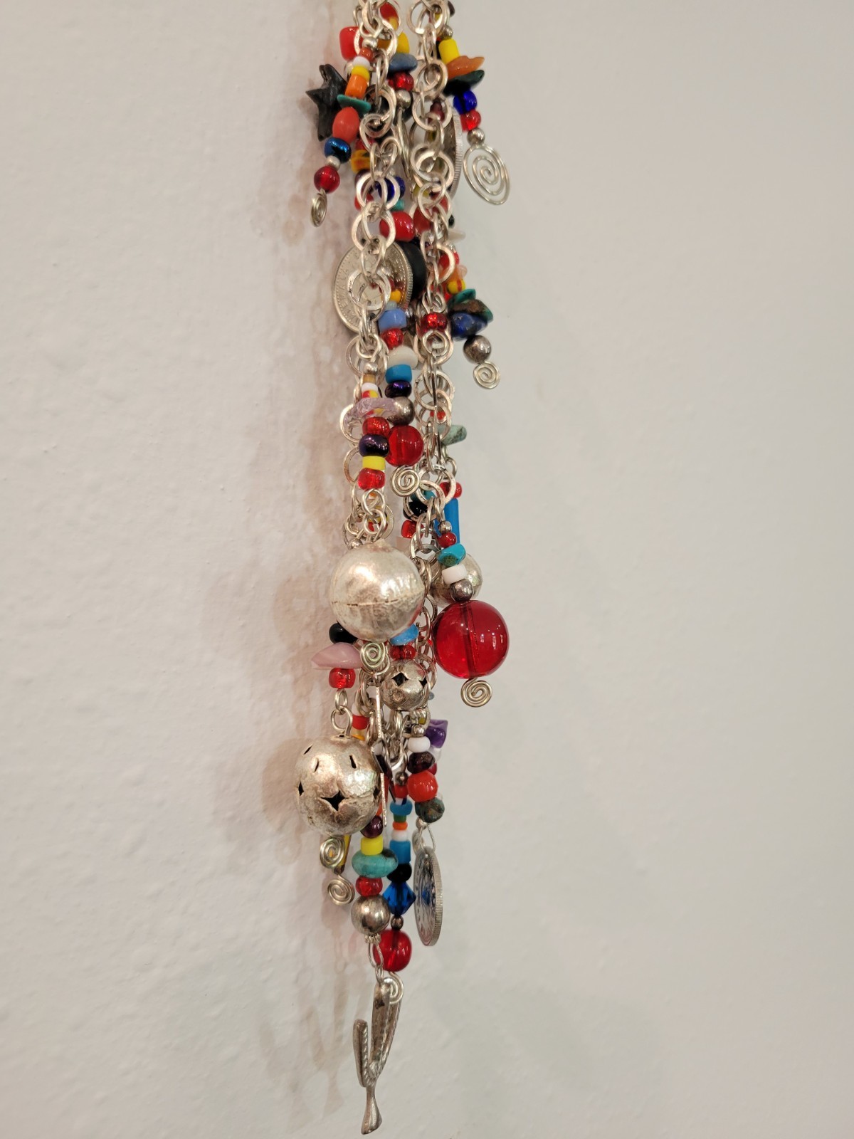 Vintage Multi-stone Tribal Guatemala Coin Charm Beaded Strand Silver Toned Boho