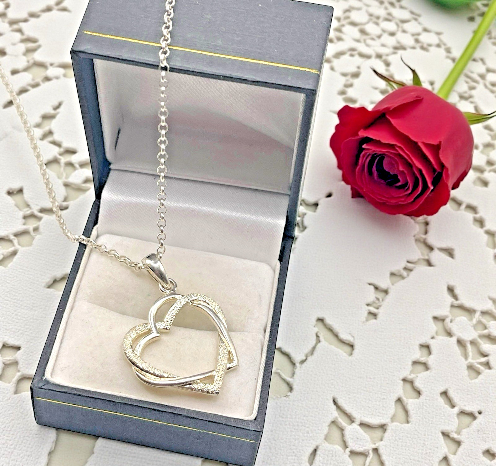 Italian 925 Sterling Double Interlocking Open Hearts Pendant Necklace, 18″