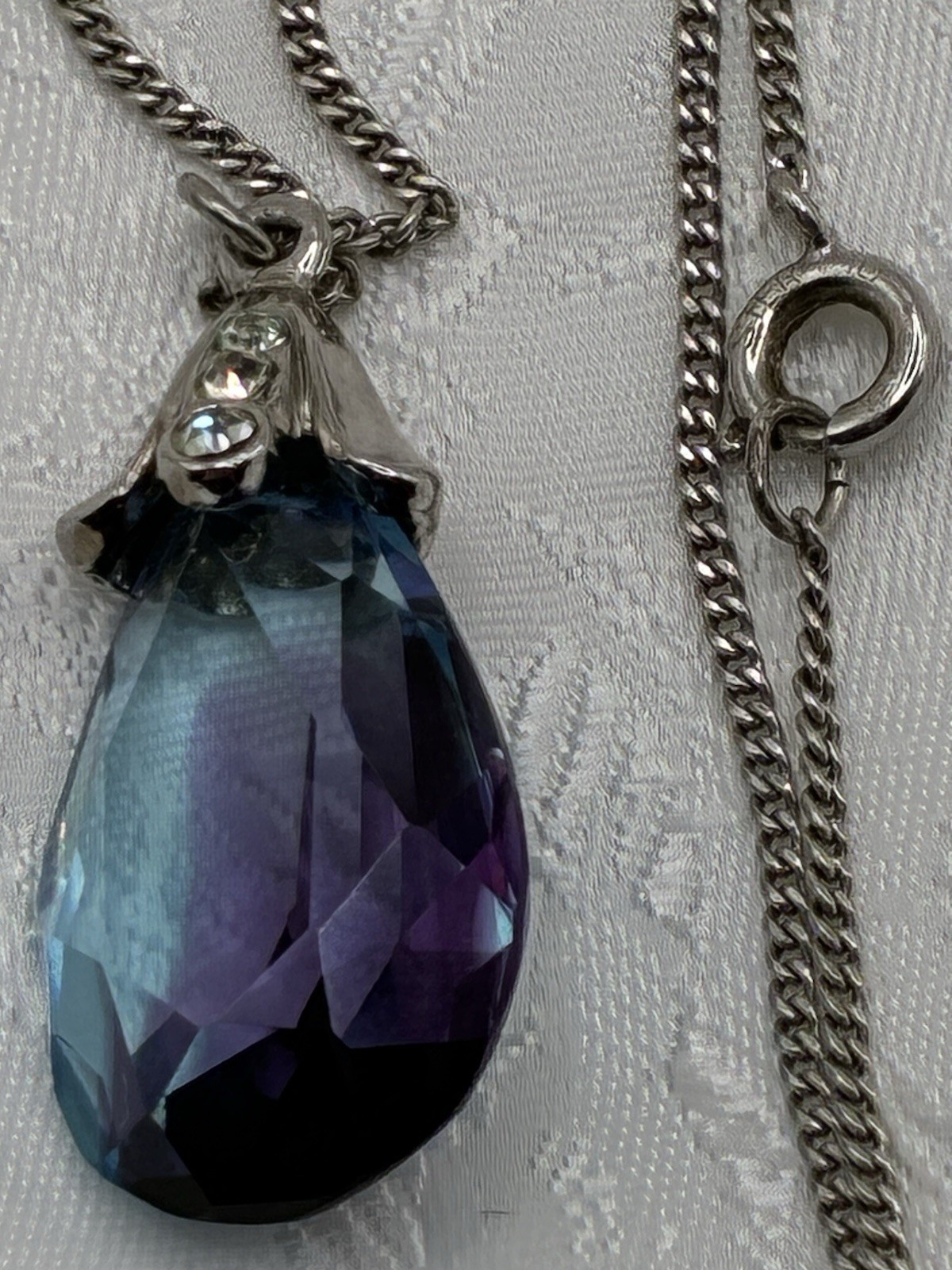 Vintage Purple/Blue Faceted Pear-Shape, CZ Bail Crystal Pendant On 925 18” Chain