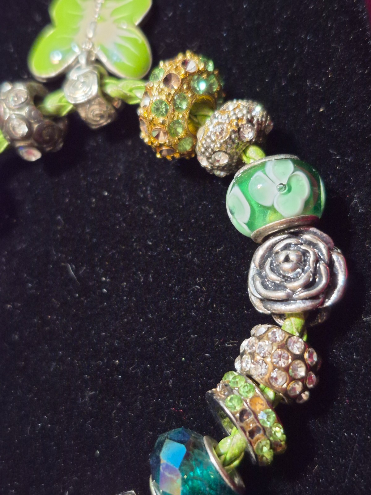 Pandora 7 3/4″ Leather Braid Bracelet Sterling Barrel Clasp & 18 Fancy Charms !!