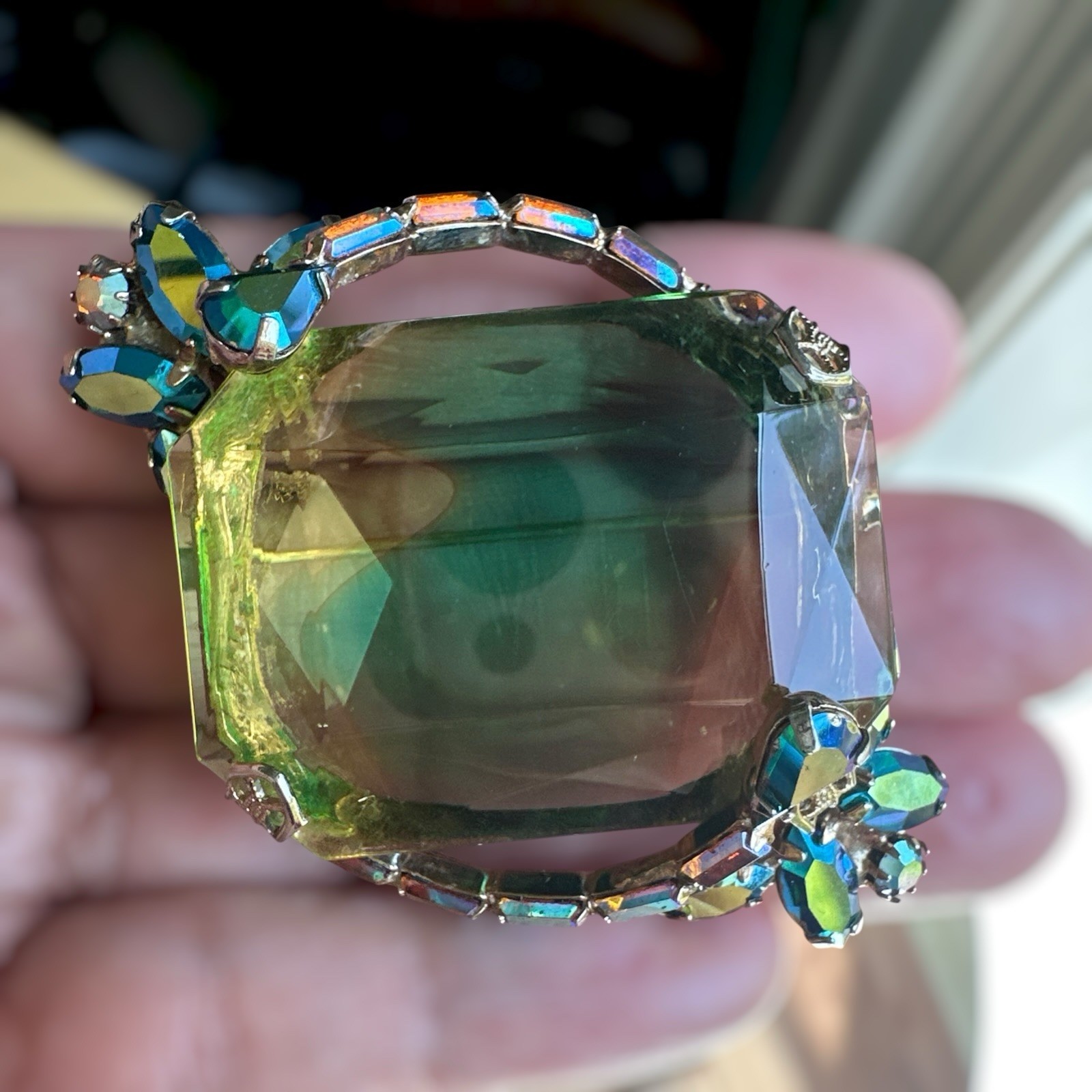 VTG Shadowbox Cocktail Brooch 2 Inch Vitrail Emerald Cut Blue AB Gold Filigree