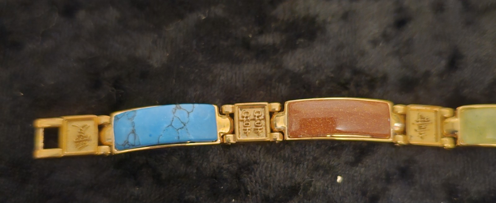 Vintage Chinese Jade Turquoise Tigers Eye Gold Tone Link Bracelet 7.5″ READ