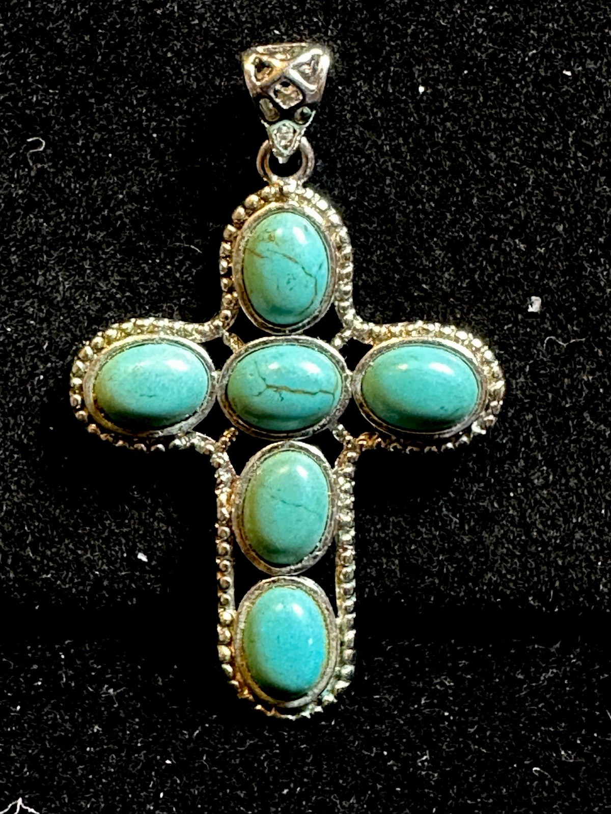 Vintage 1.5” South western style Silver Toned Faux Turquoise Cross