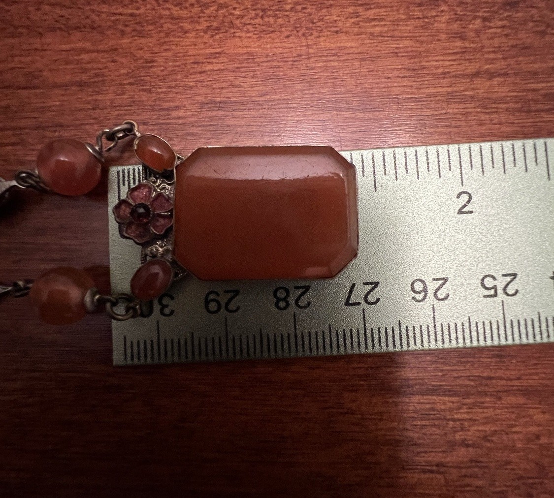 Vintage CZECH Faux Carnelian Glass Enamel Floral Station Pendant Necklace Signed