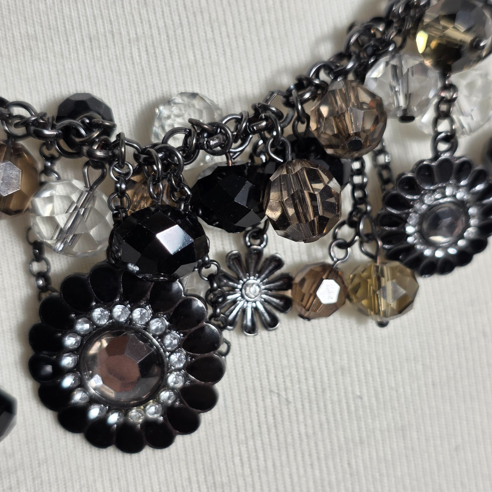 Metallic Black Charm Necklace Floral Pendants with Gray White & Black Beads
