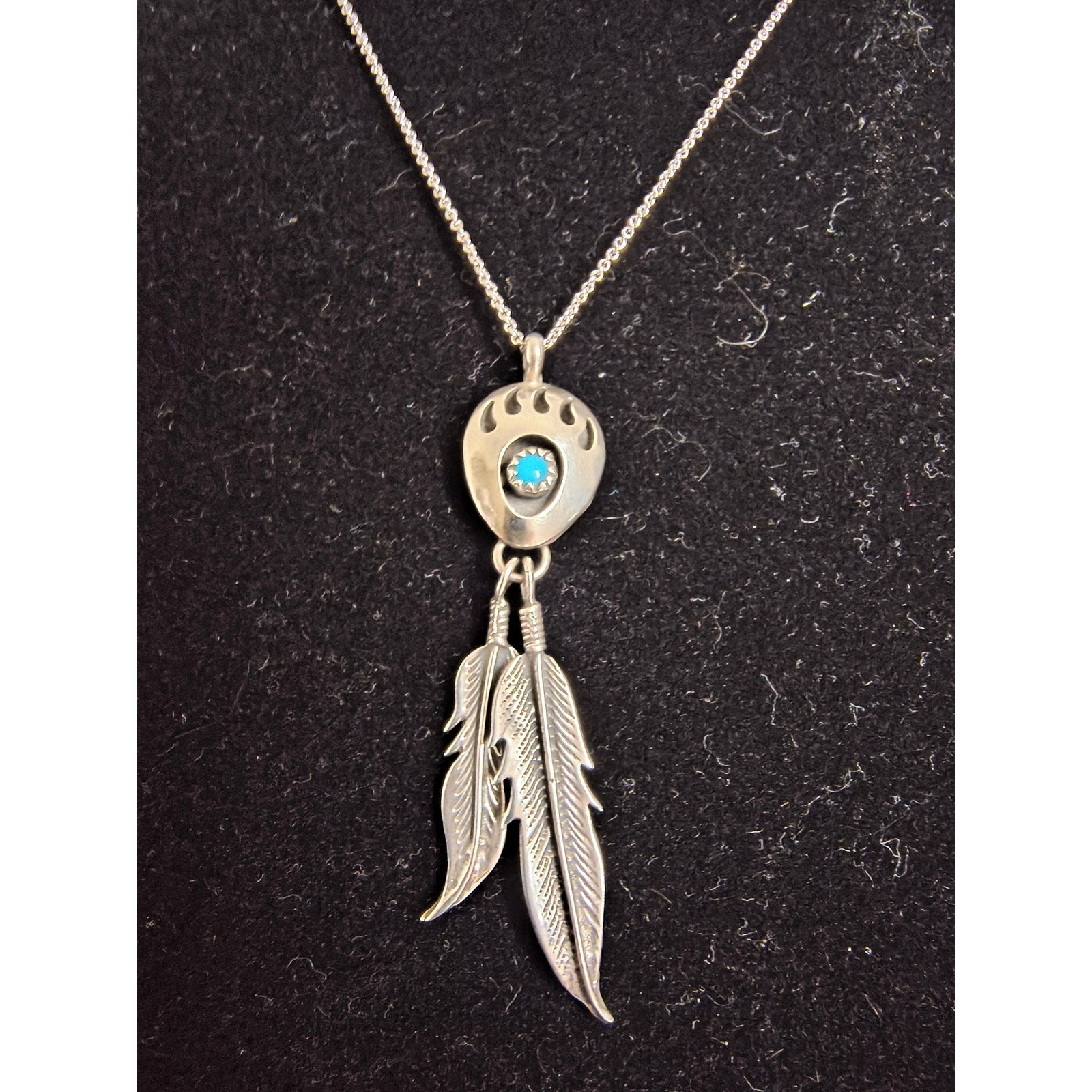 Old Sterling Silver Bear Paw Turquoise Feather Dangle Pendant Necklace 925 Chain