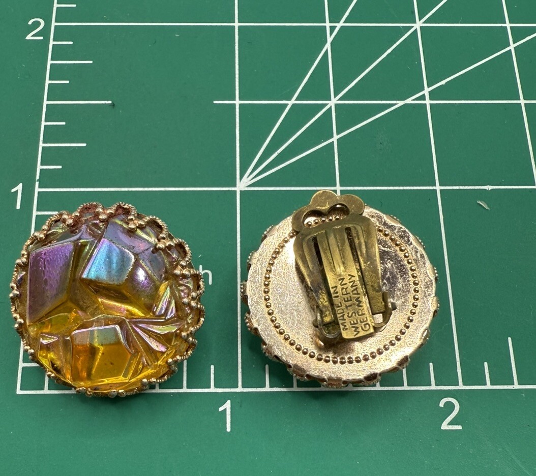 Vintage Western Germany Geode AB Glass Rhinestones Earrings Clip On