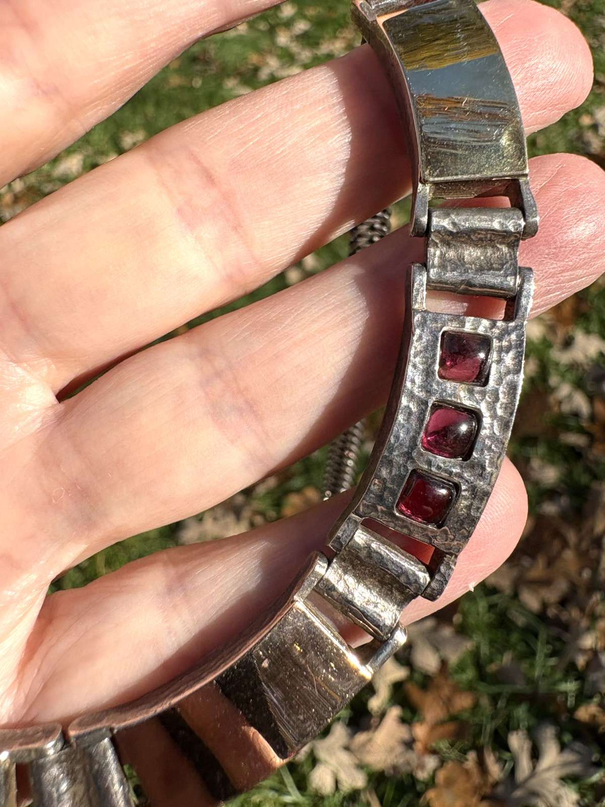 Italy Necklace Modernist Garnets Red Mesh Chain Sterling Silver Gold Plate Heavy
