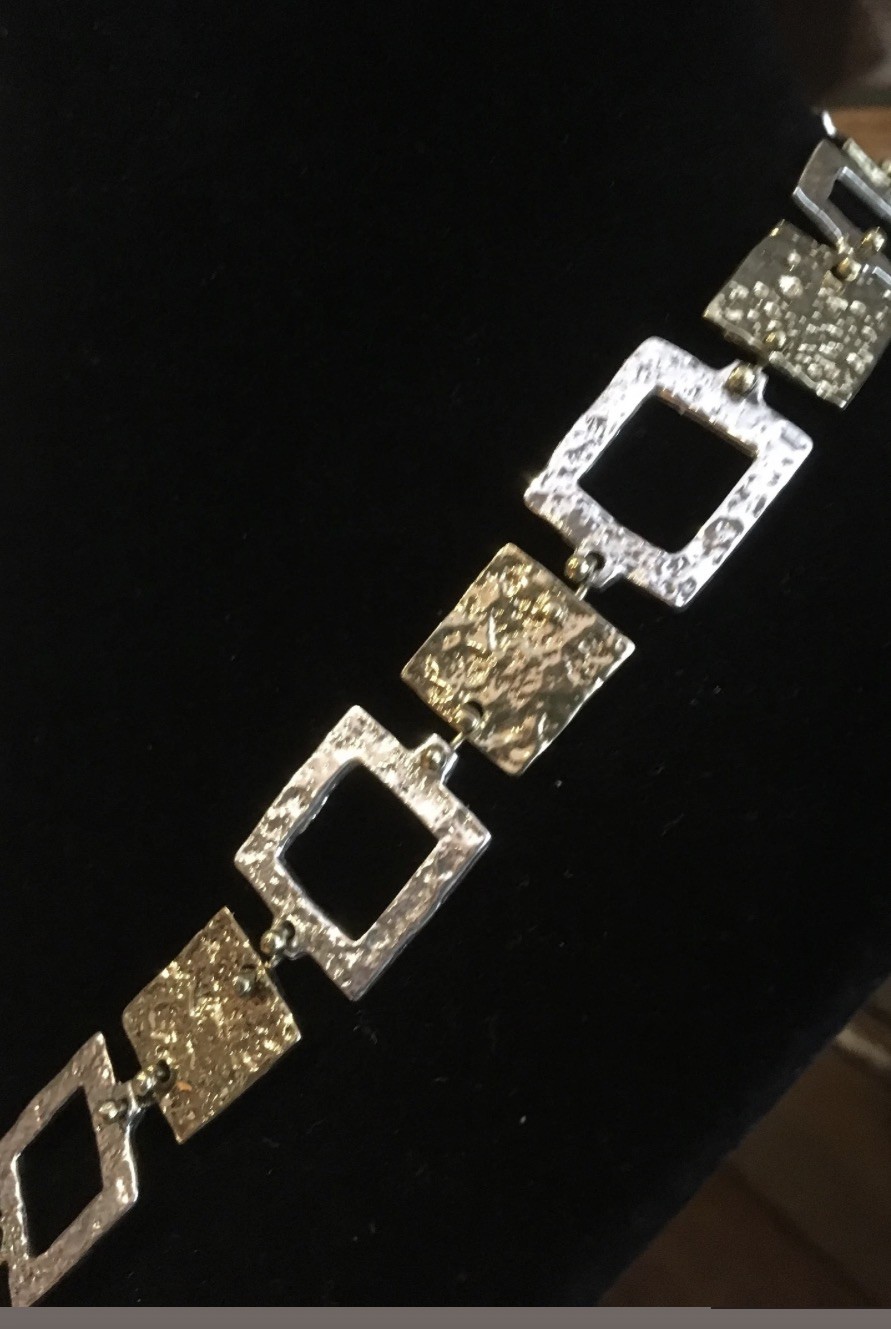 Vtg Anne Dick Brutalist Necklace Sterling Silver Brass Squares 23″ Modernist