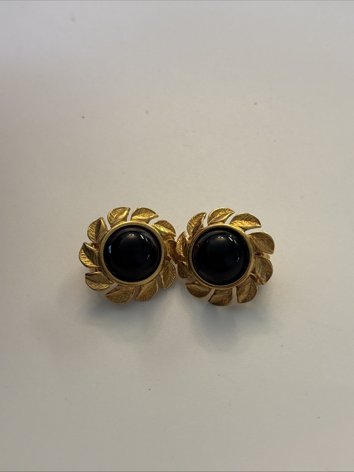 White Stag Clip on Earrings Golden Tone Metal Black Stone Center