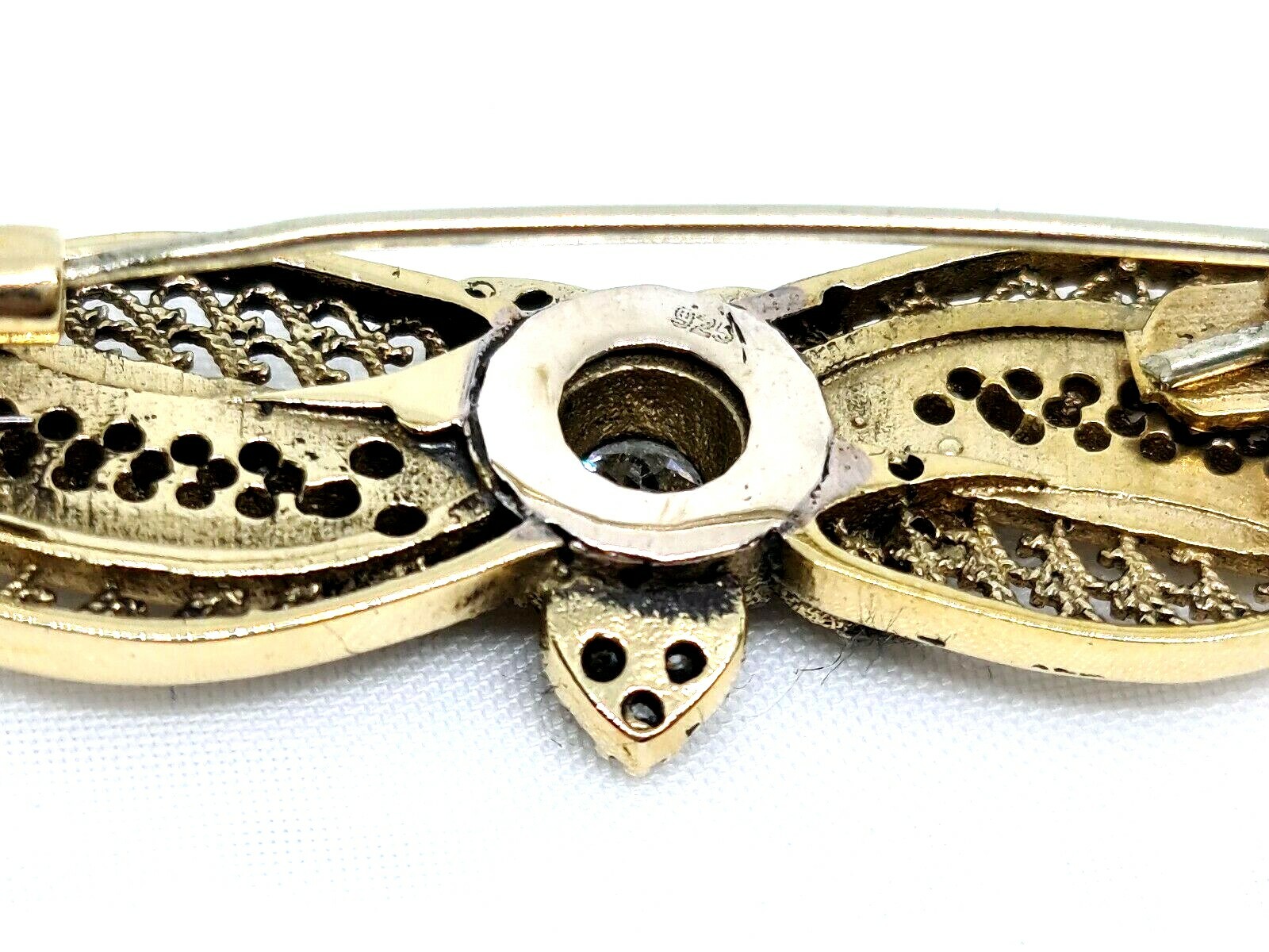 Vintage Silver Brooch Plated With Gold Water Set With Zrconia Stones #982#