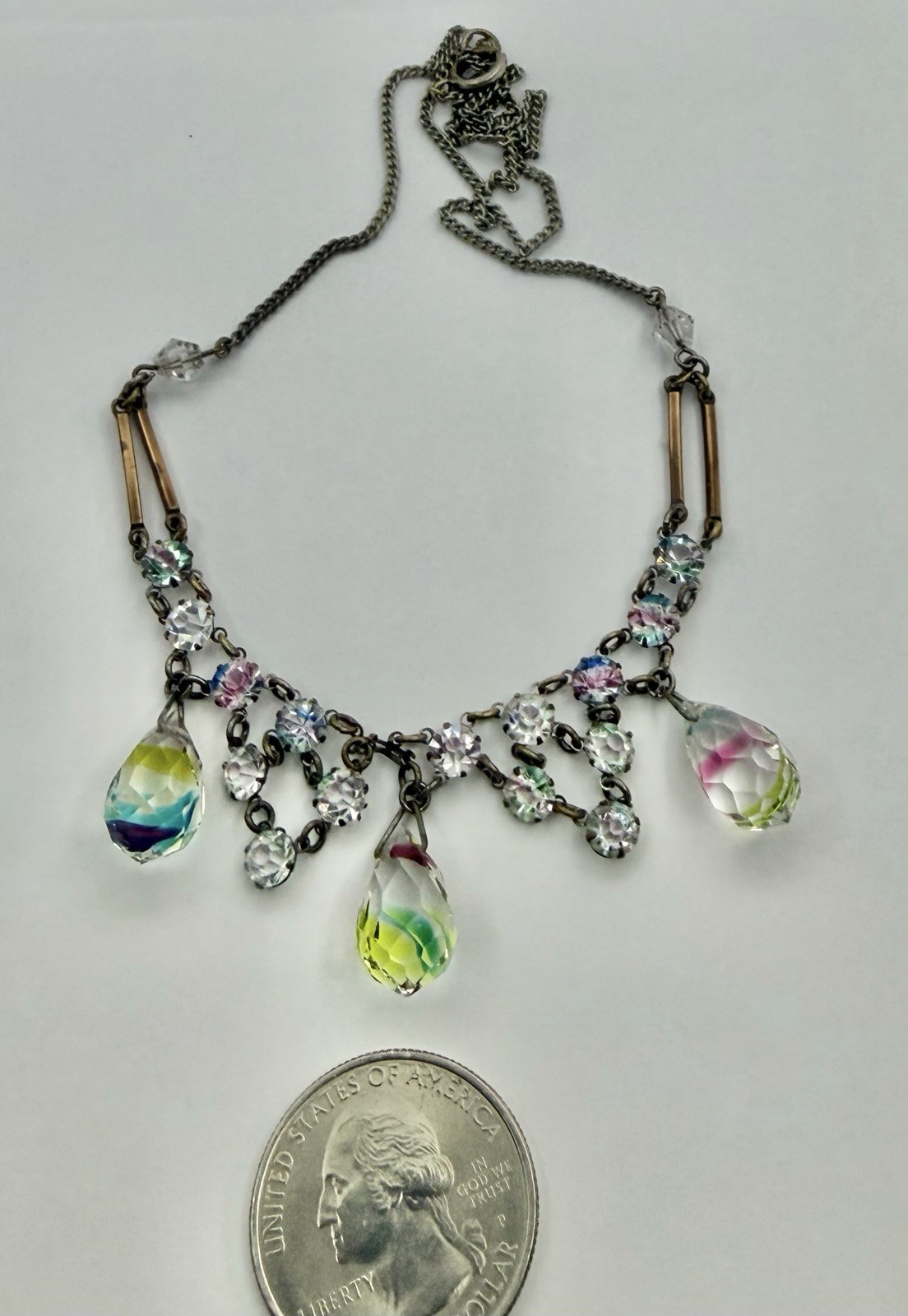Art Deco Rainbow Iris Arc Crystal & 3 Briolettes Festoon Pendant Necklace 18”