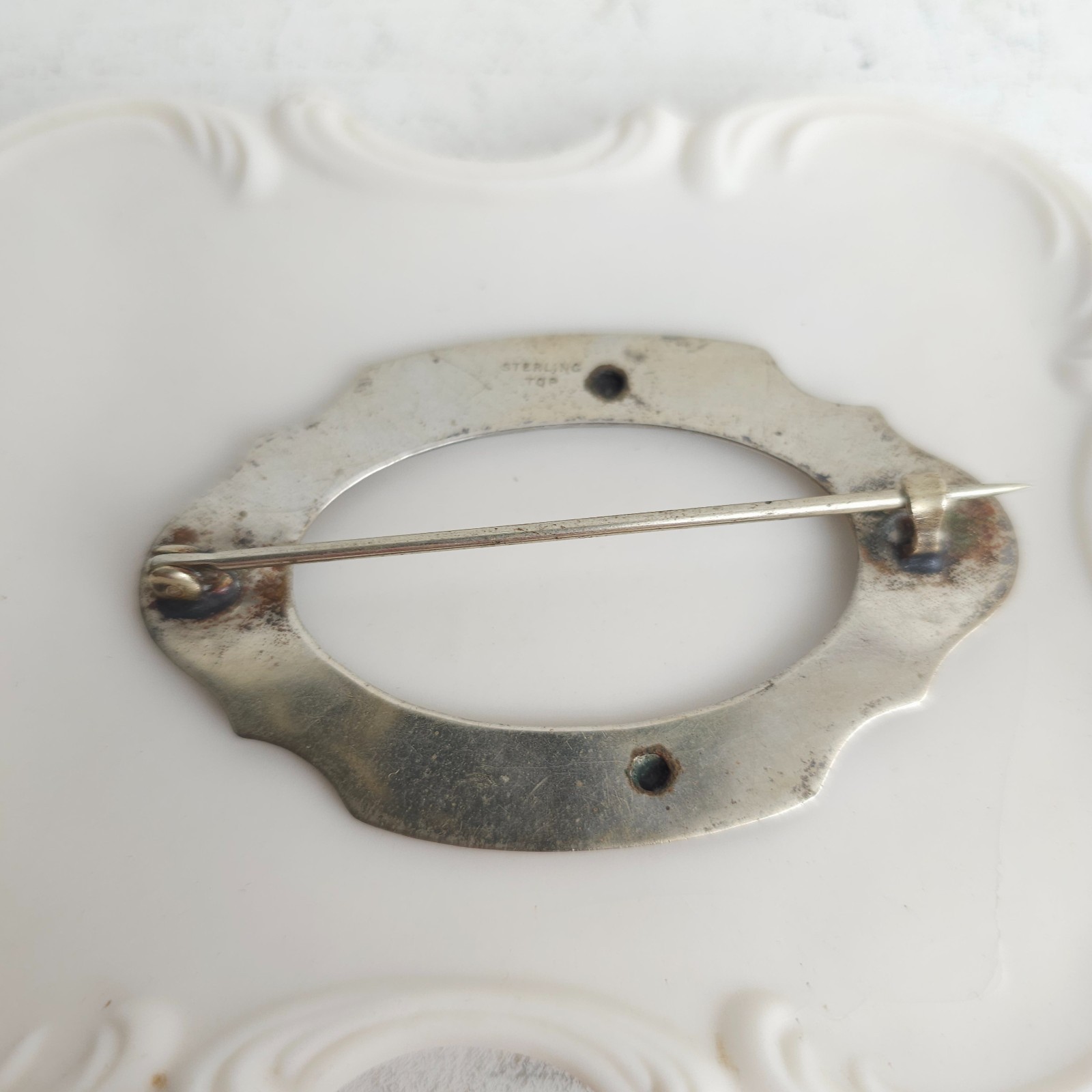 Vintage Antique Victorian Sterling Silver Top 925 Belt Buckle Brooch Pin C Clasp