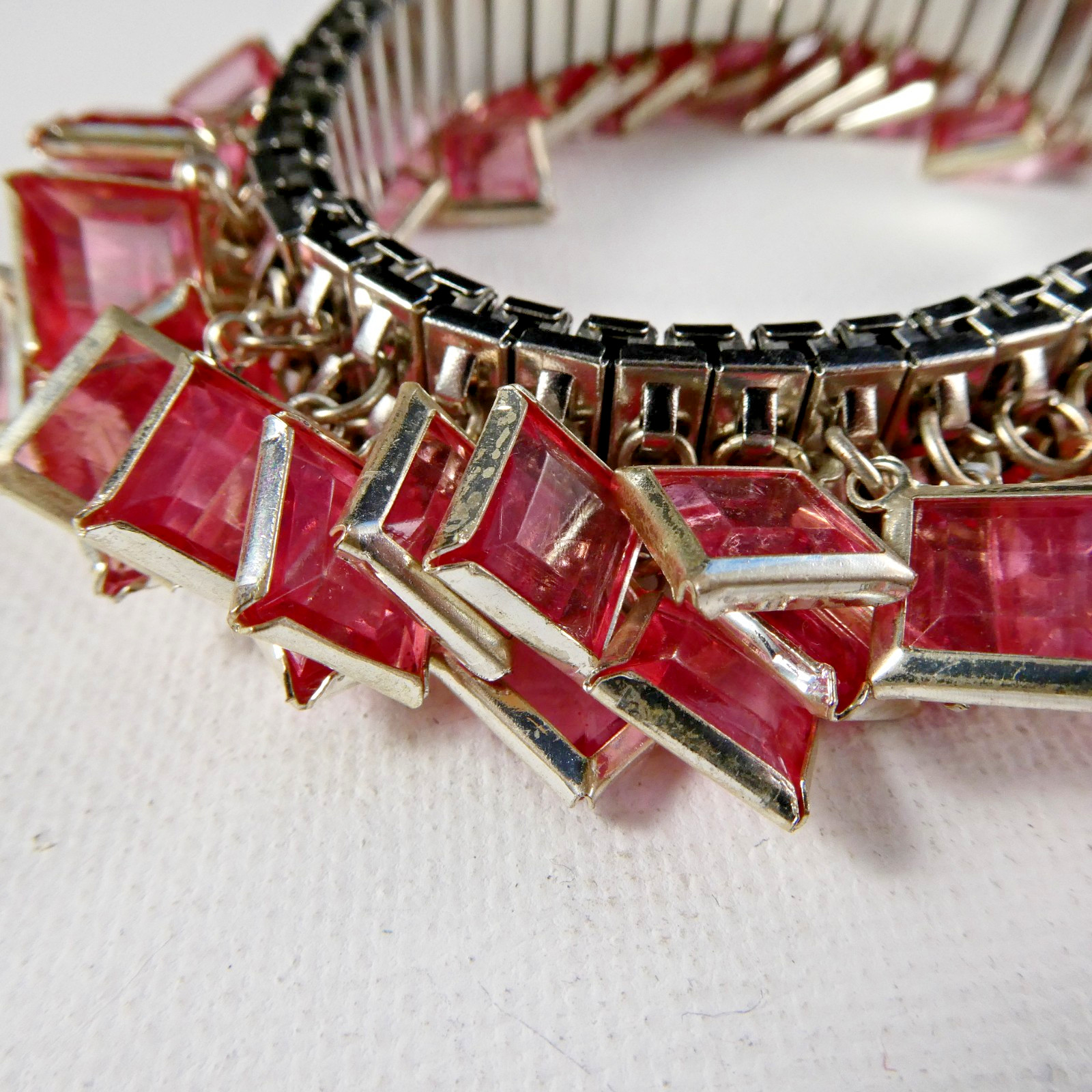 Vintage PINK Square Faux Crystals CHA-CHA Bracelet Silver Tone Expansion Stretch