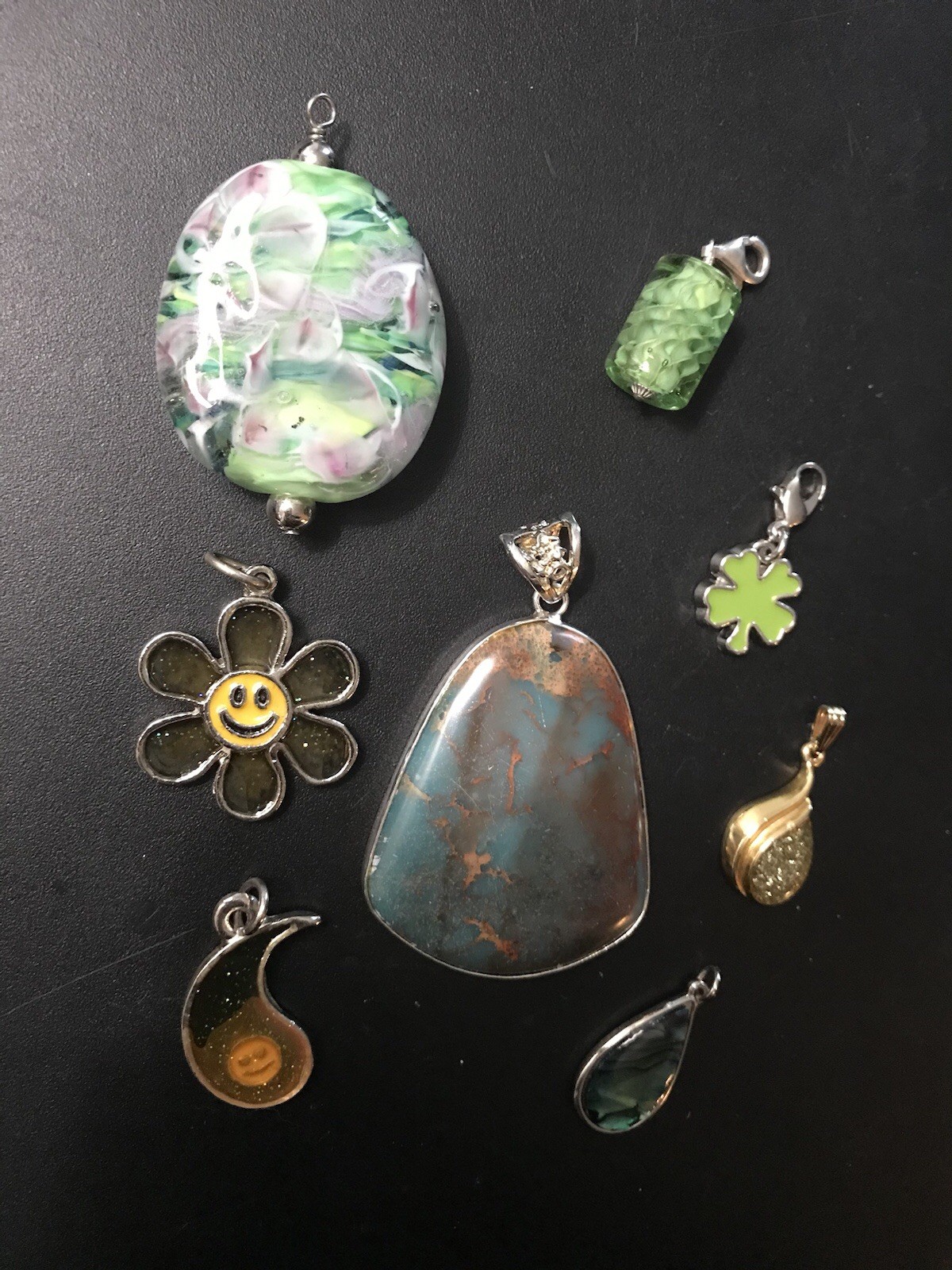 vintage green pendant mixed metal gem millefiori murano glass clover charm lot