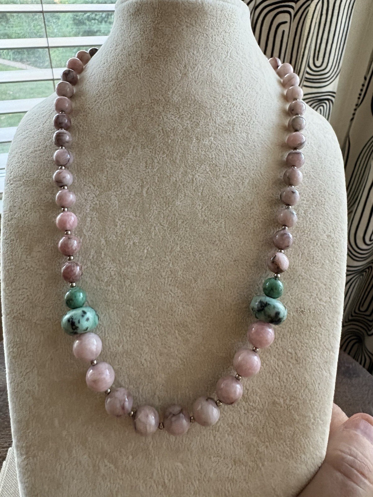 Unique Vintage Natural Stone, Pink And Green Necklace, Ornate Oval Box Clasp