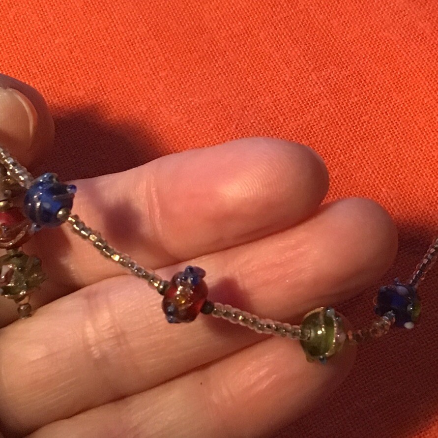 Pretty Vintage Mid Century Handmade Multicolor Candlework Beads Necklace 19”