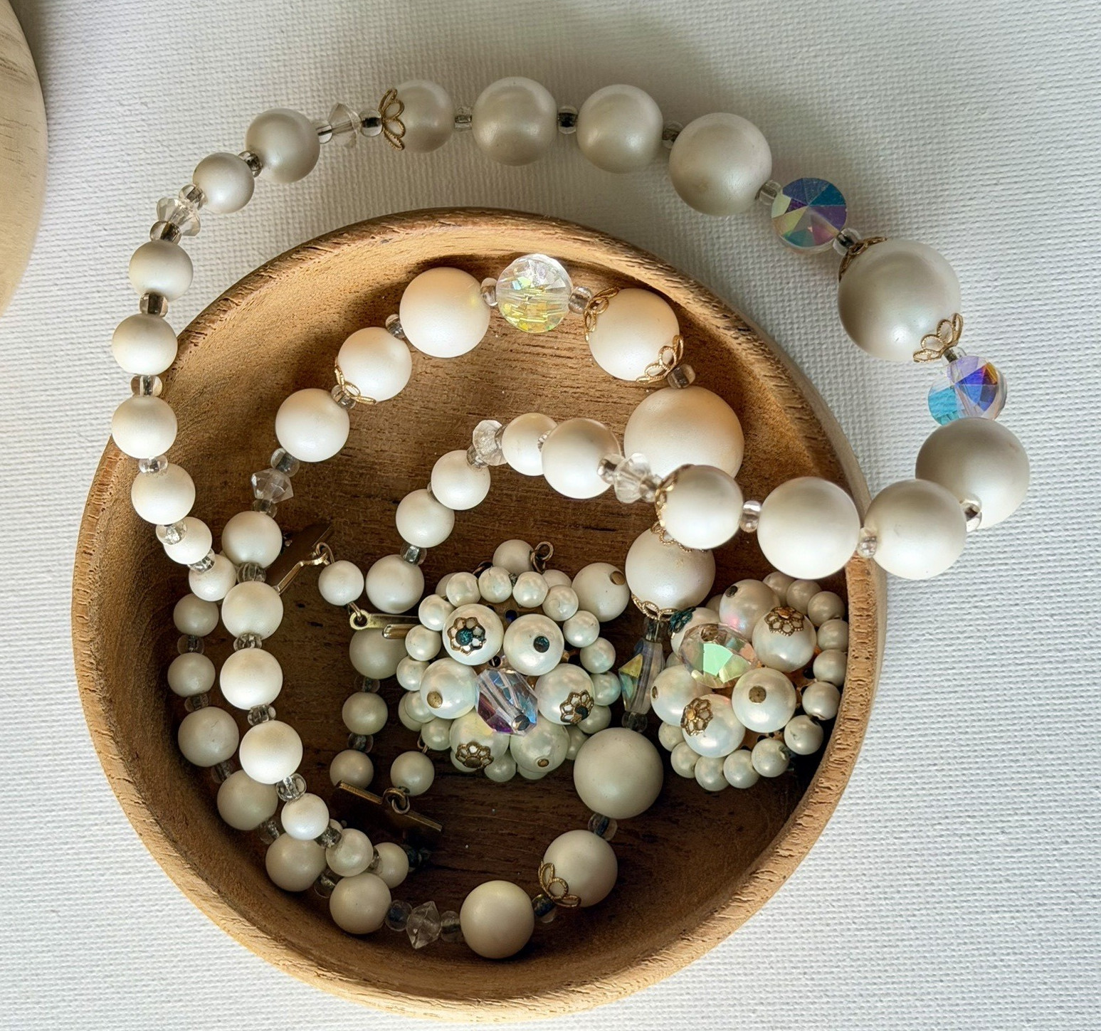 Vintage White Satin Bead Necklace & Clip On Earrings Set AB Crystal Bridal