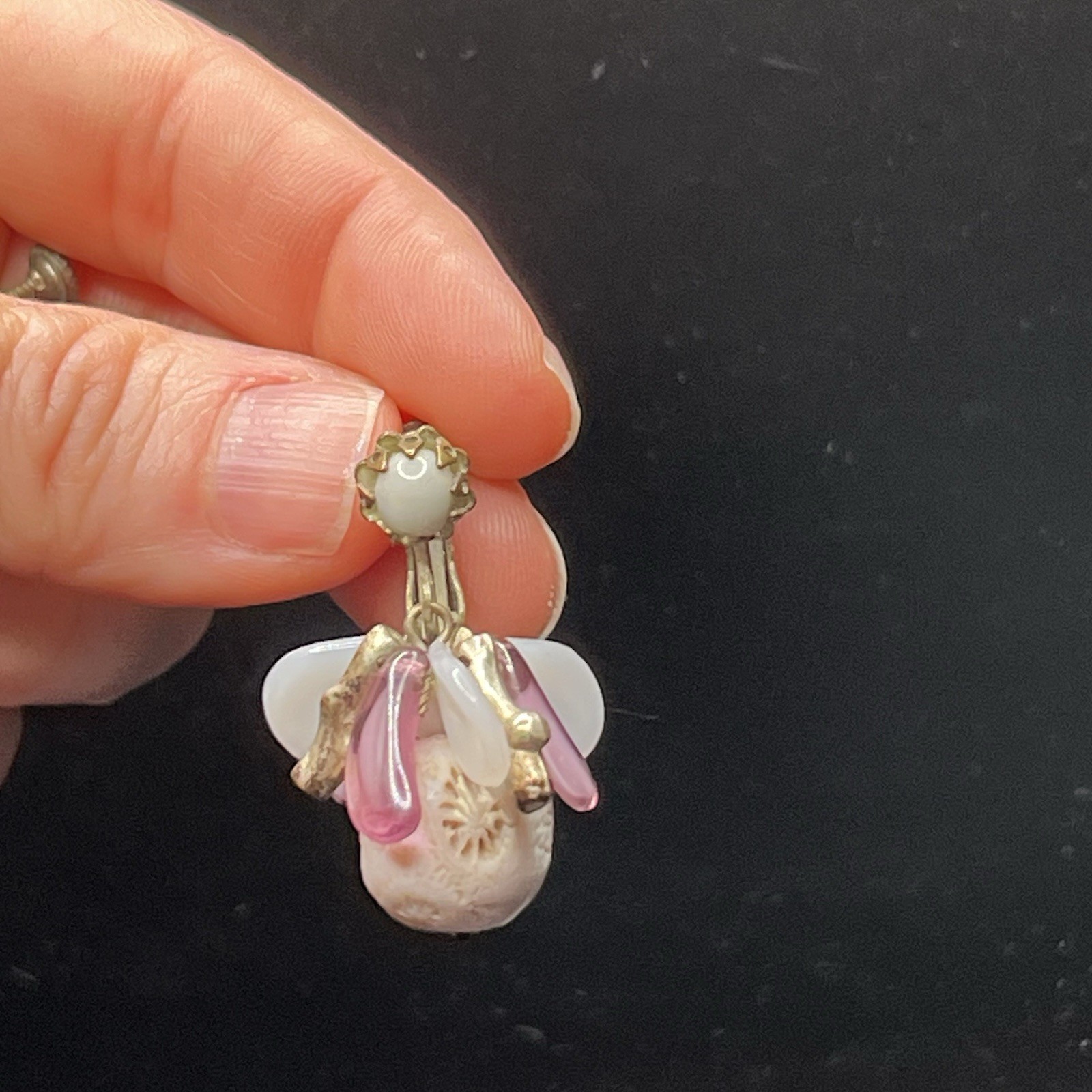 Vintage Miriam Haskell Earrings Gold Tone Dangle Drop Purple Pearl Brass Cluster