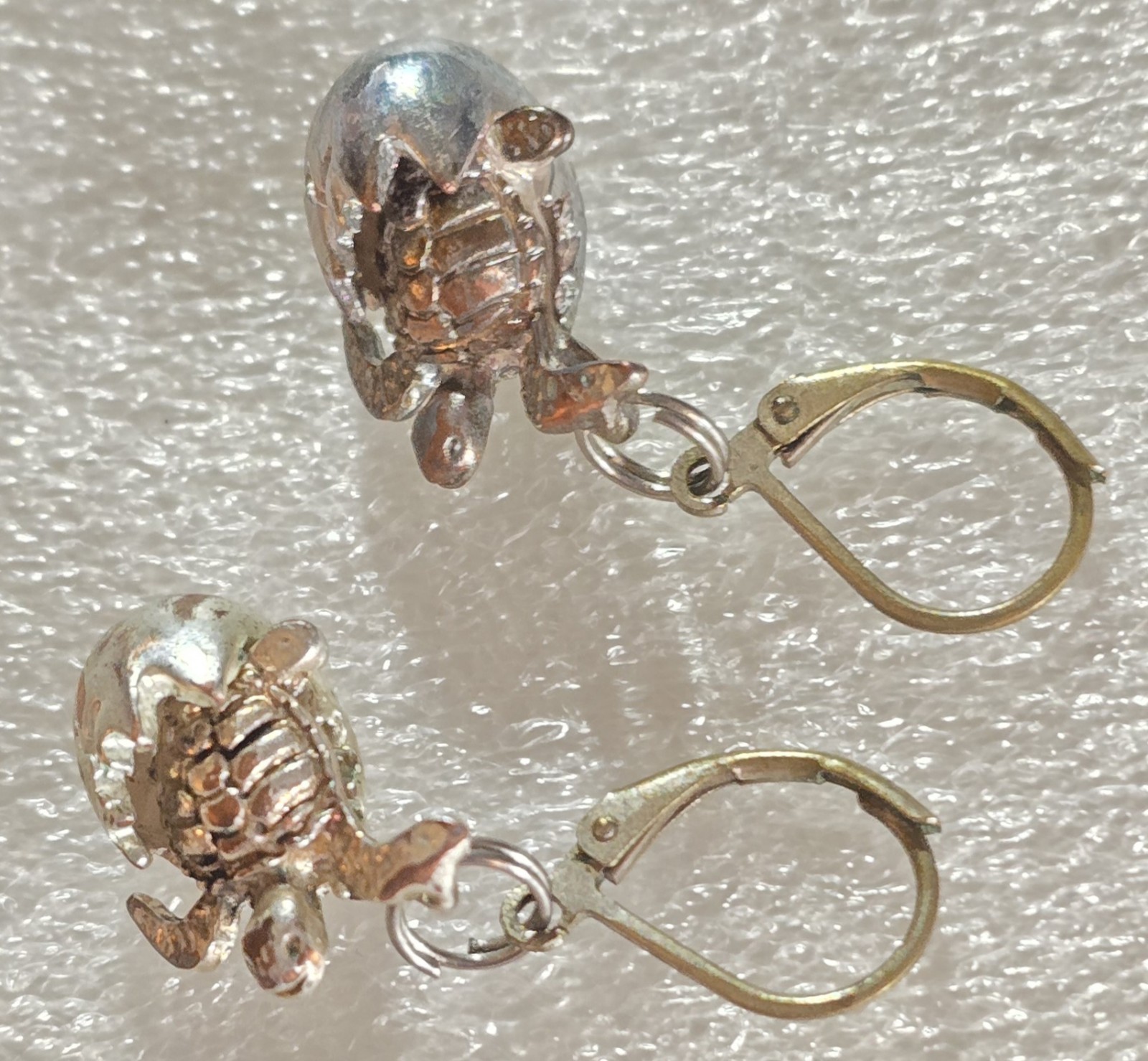 Vintage Silver Tone Figural Baby Hatching Turtles Shells Drop Pierced Earrings
