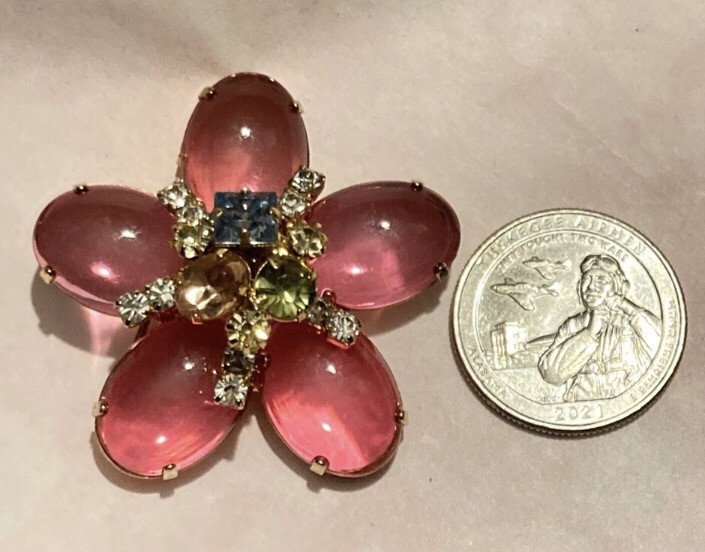 Vintage 1960’s Pink Oval Cabochon Lucite Floral Brooch Almost 2”