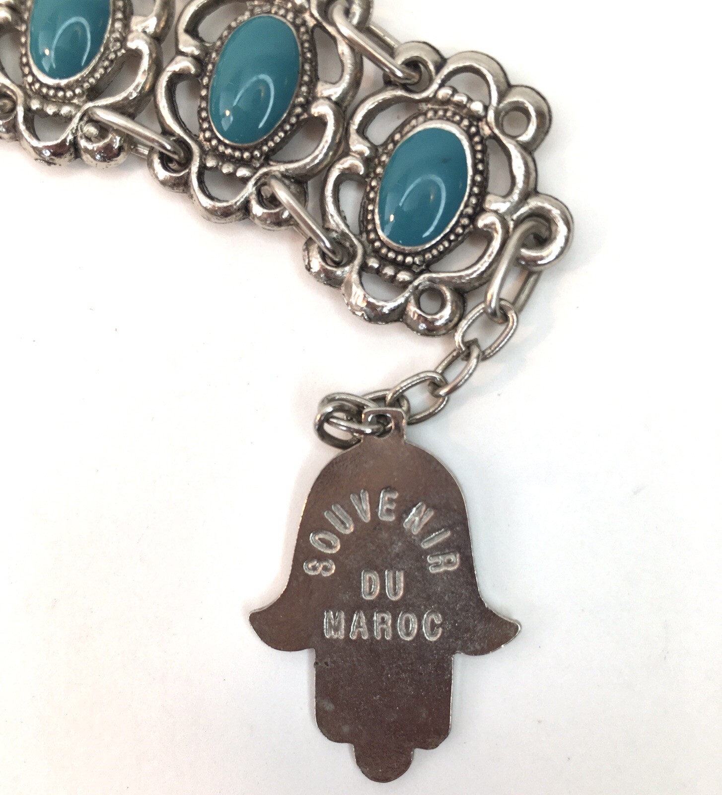Vtg Souvenir du Maroc Moroccan Bracelet Poured Teal Enamel Hamsa Hand Charm