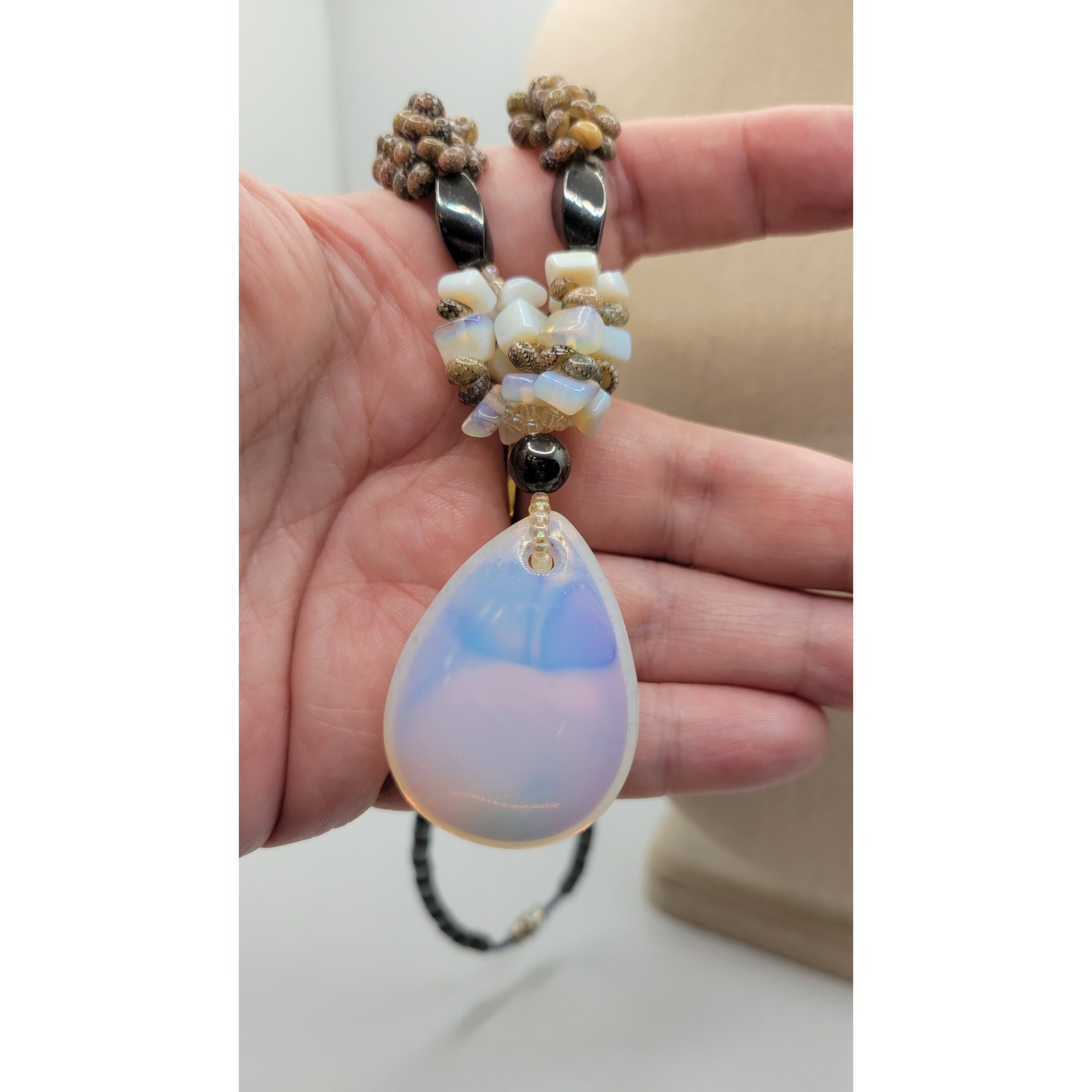Moonstone Hematite Necklace Faux Opalite Pendant Tiny Shells Seed Bead Vintage
