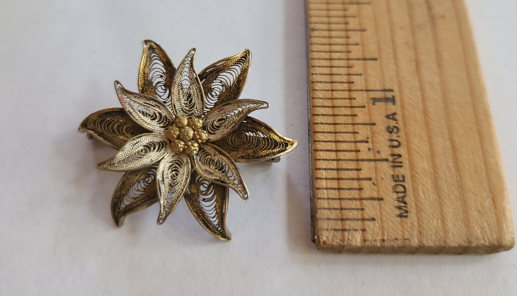 800 Silver Gold Vermeil Cannetille Filigree Vintage Floral Pin – Trombone Clasp