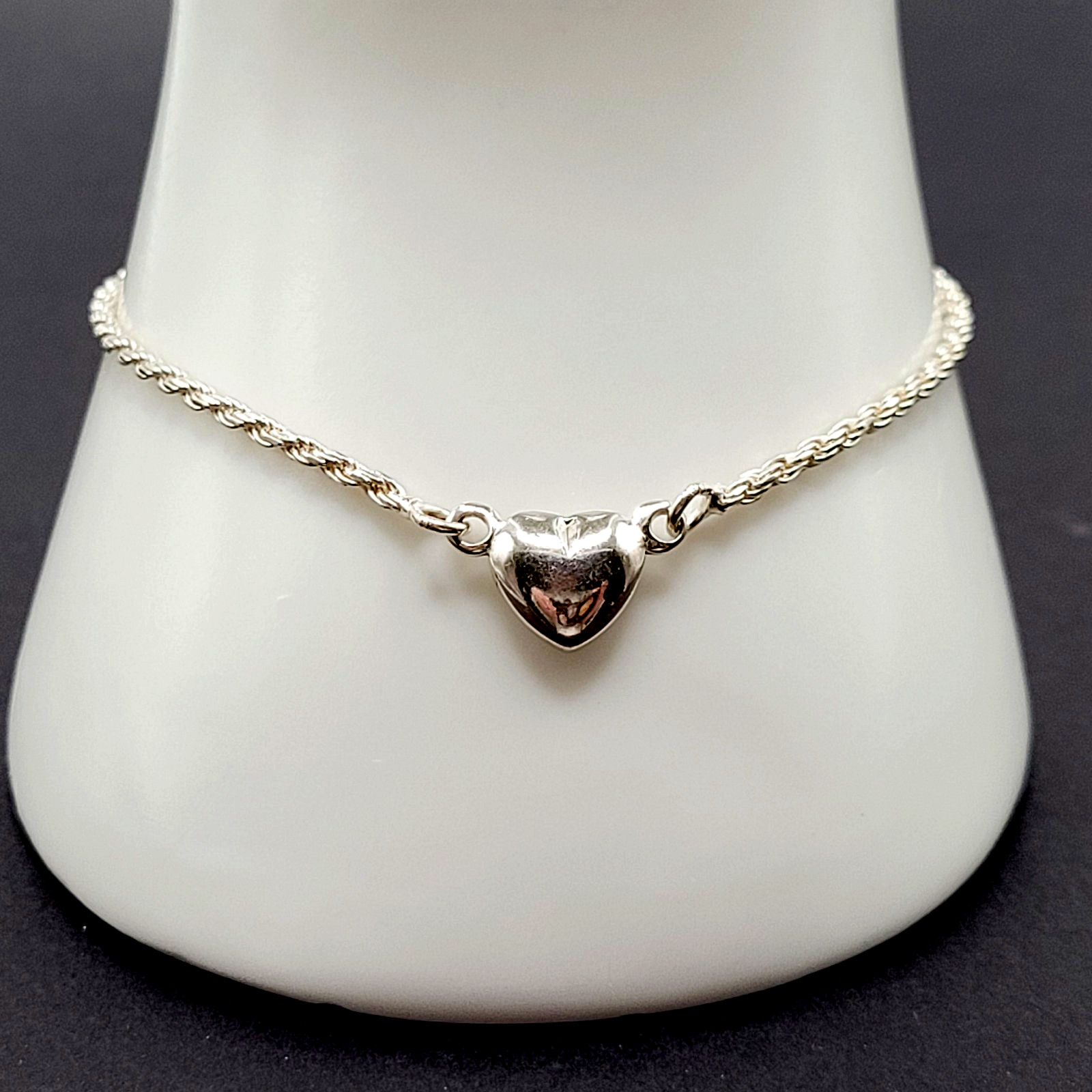 Minimalist Dainty Puffed Heart Station 925 Sterling Rope Chain Bracelet 7.25 in