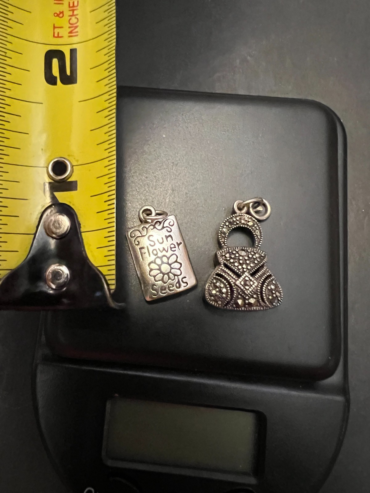 Sterling Silver Lot 2 Pendant Marcasite Purse and Seeds