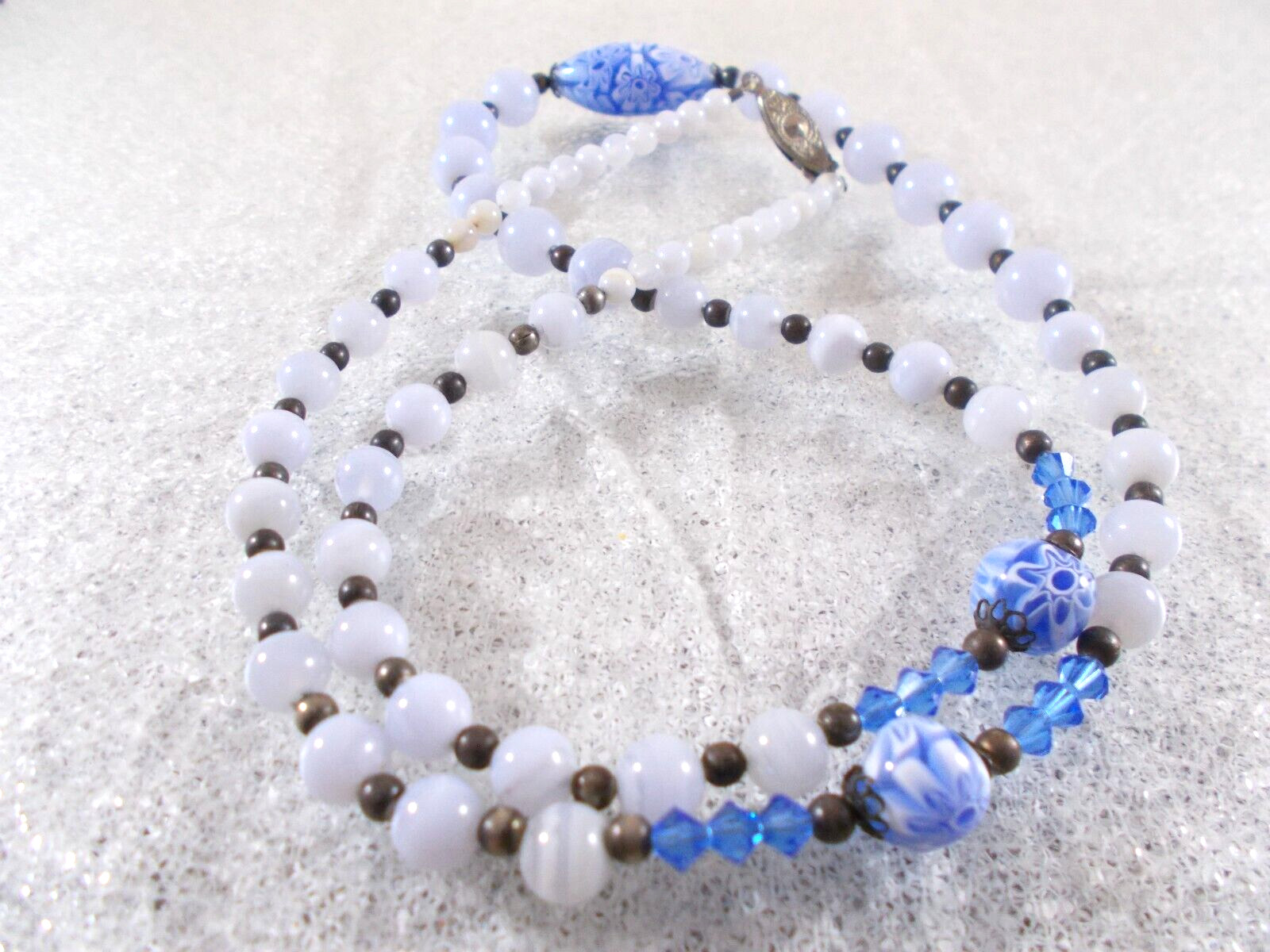 Graduated Blue Glass Bead Necklace with Millefiori Bead Accents Fish Hook Clasp