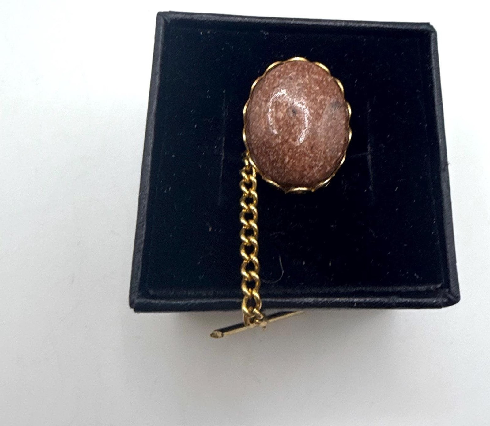 Vintage gold tone pink hue oval stone tie clip pin with chain