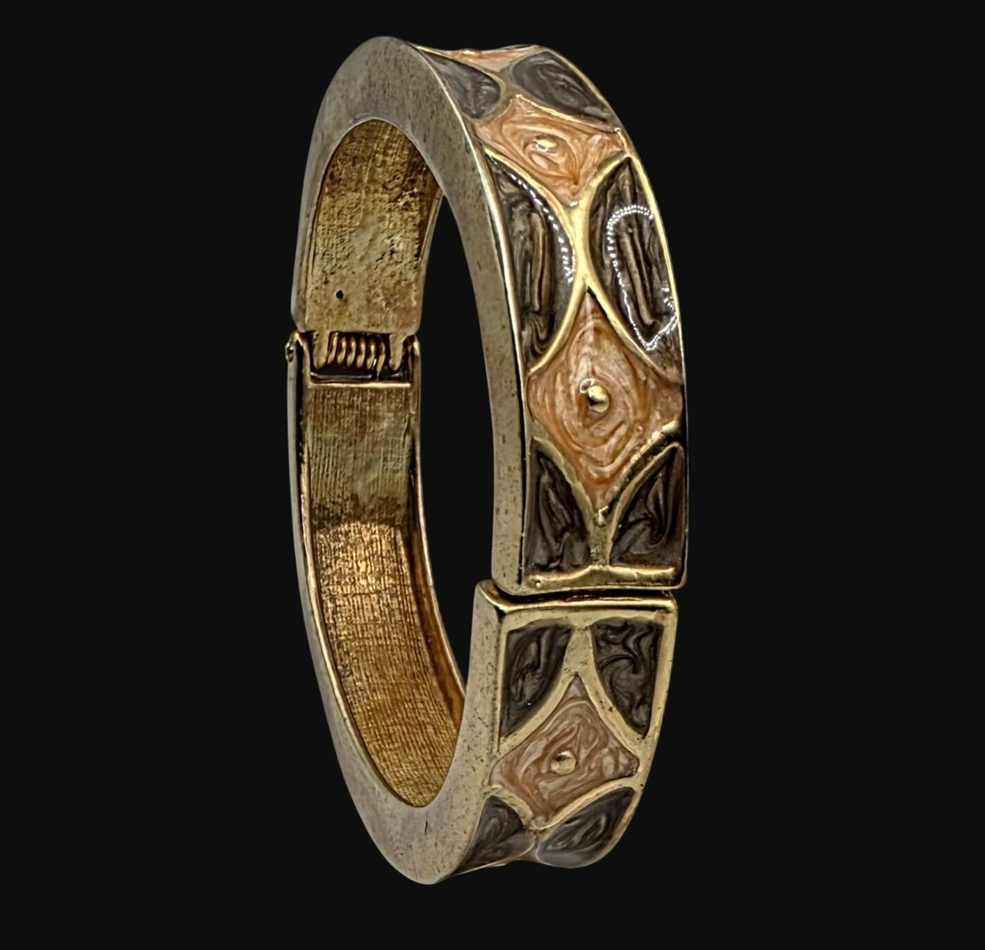 Vintage Gold-Tone Hinged Bangle Bracelet Brown Peach Enamel Geometric Cuff Boho