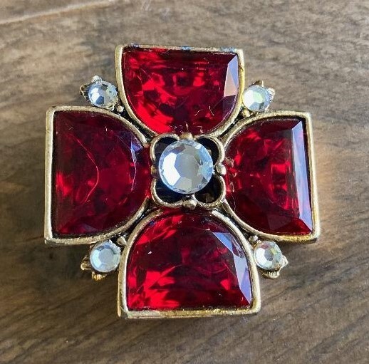 vintage Maltese cross clip-on earrings ruby red clear gems gold metal GEM-CRAFT