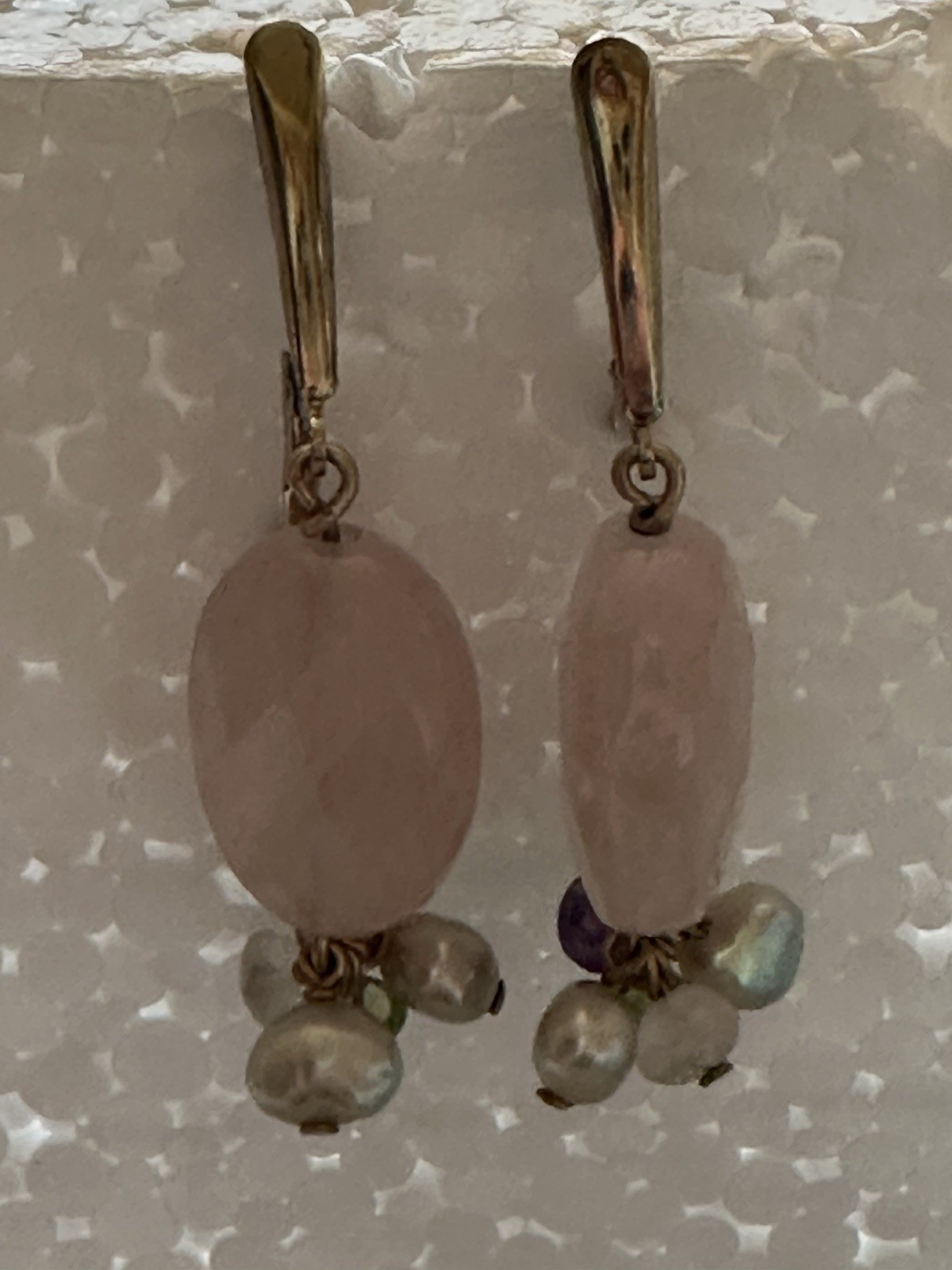 VTG Handmade Pale Lavender Pendant Necklace W/Gold-Toned Beaded Chain & Earrings