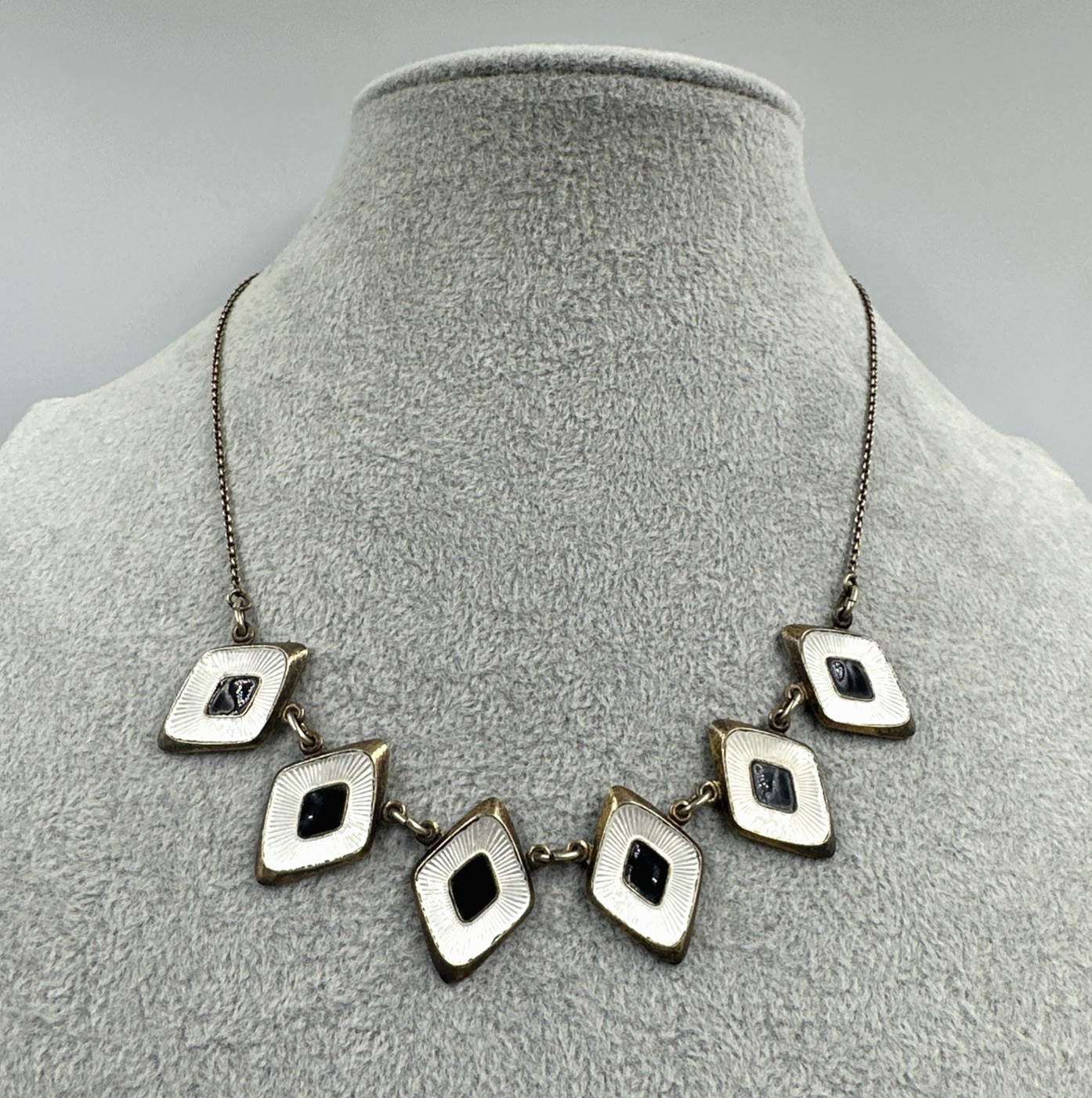 Vtg Albert Scharning Necklace Sterling Silver White Black Enamel MCM Norway 16″