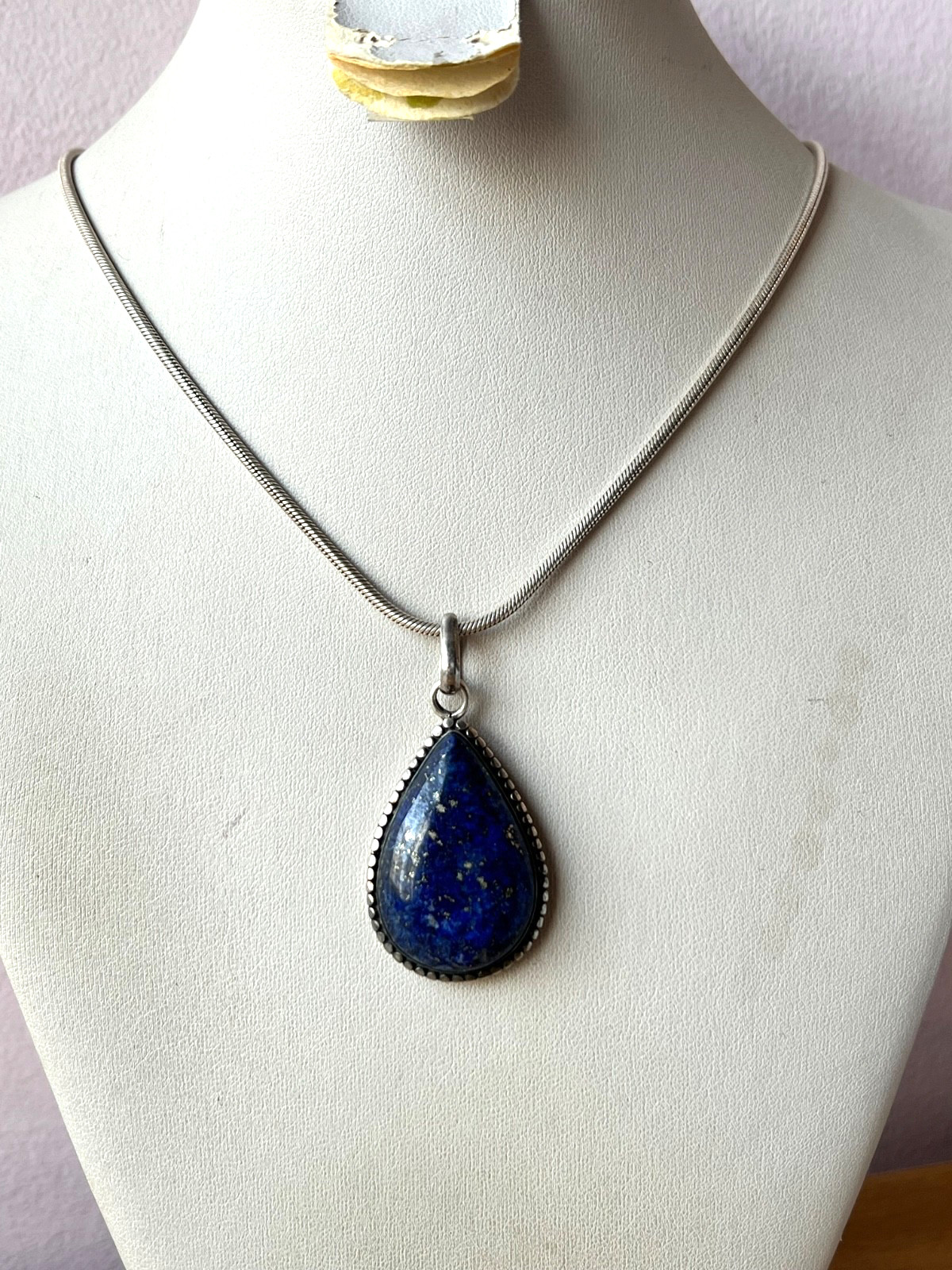 VINTAGE LARGE LAPIS LAZULI PENDANT THICK SNAKE CHAIN NECKLACE 925 STERLING SLVER