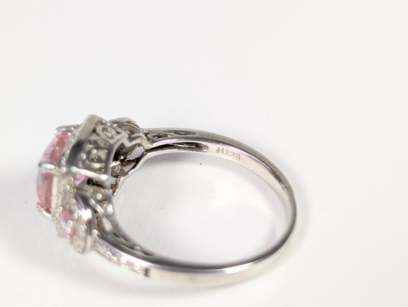 Vtg Sterling Silver 925 Pink CZ Cushion Cut Halo Ring w/ Side Stones H925 Size 7