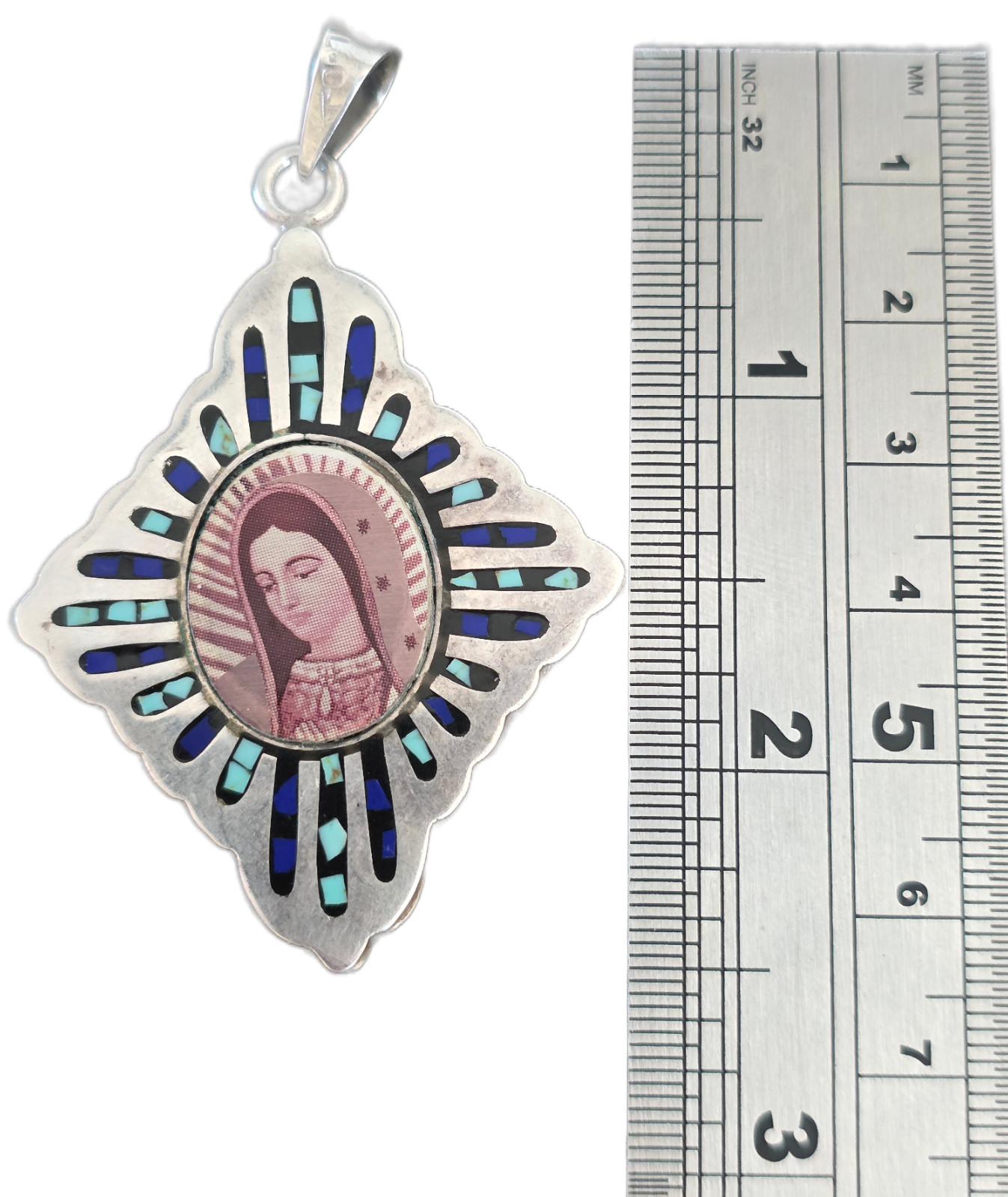 Large Sterling Silver Enamel Virgin Mary Pendant Blue Turquoise Religious Medal