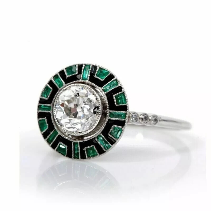 Art Deco Style Lab-Created Diamond & Emerald Enamel Ring 14k White Gold Finish