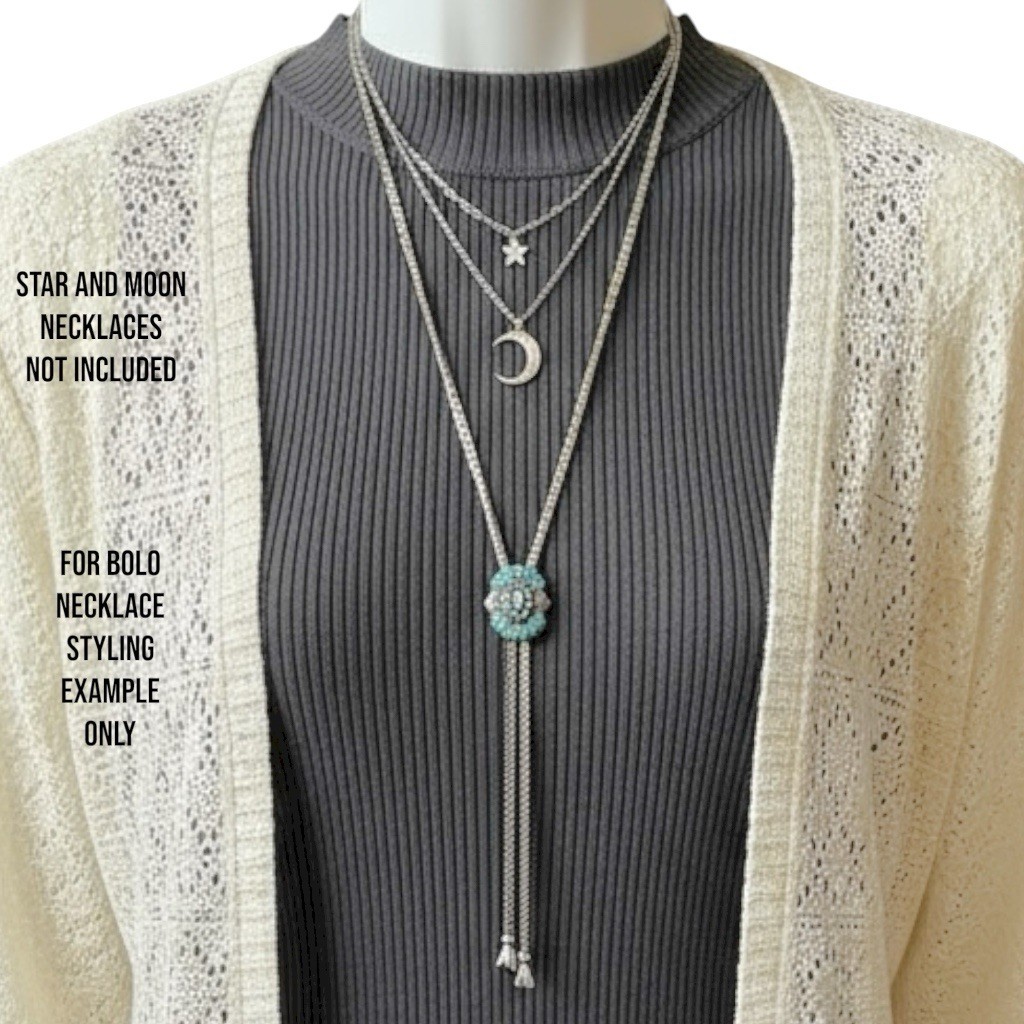 VTG Signed GOLDETTE Bolo Lariat Necklace 30” Silvertone Turquoise Southwestern