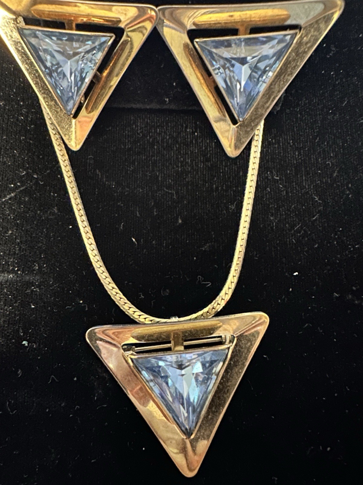 Vintage Emmons Gold tone Earrings & Brooch/Pendant Glue Glass Trillion Triangles