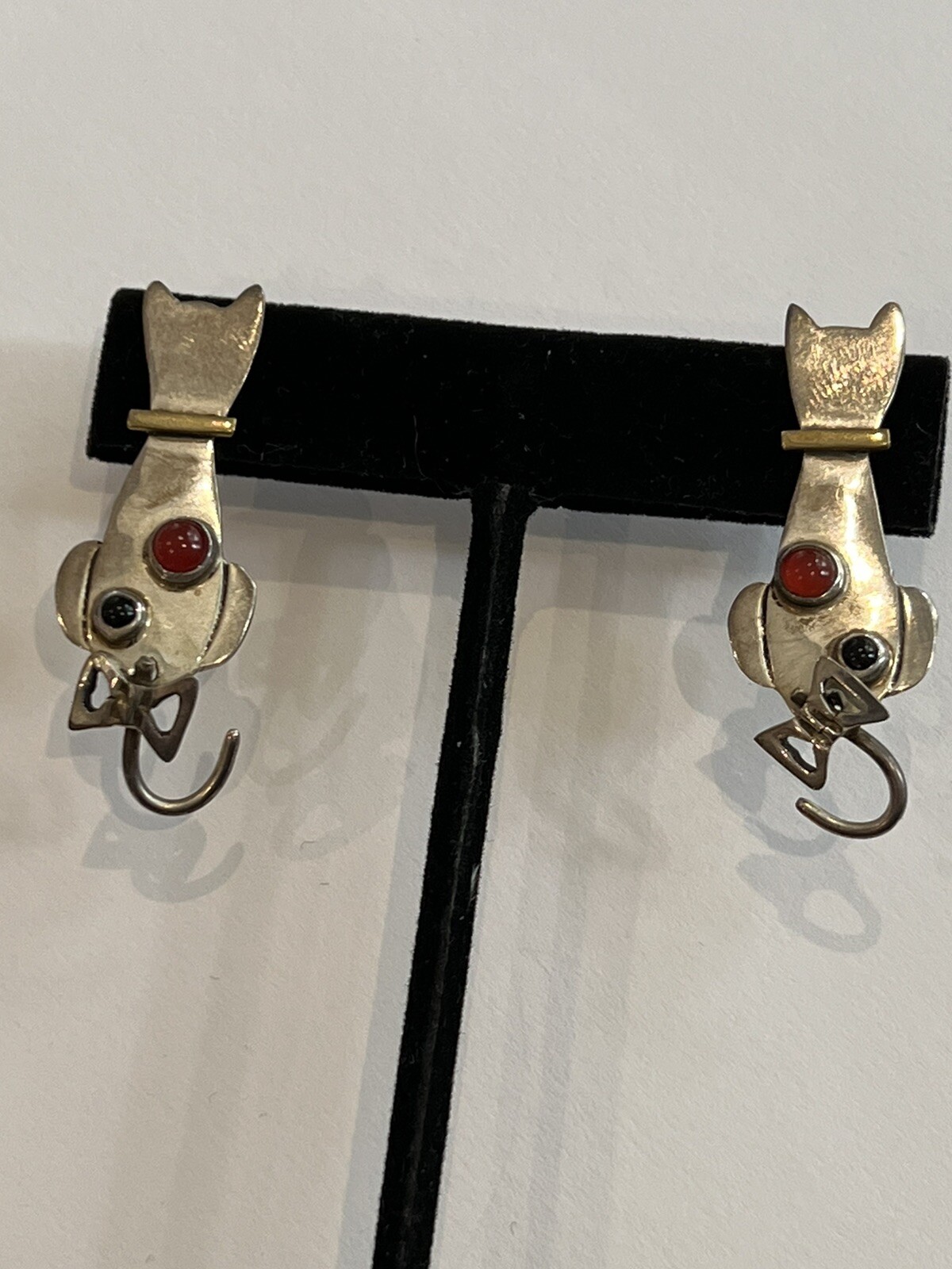 Vintage Mexico Sterling Slver Figural CAT Earrings MOVING TAIL Two Tone Gilt