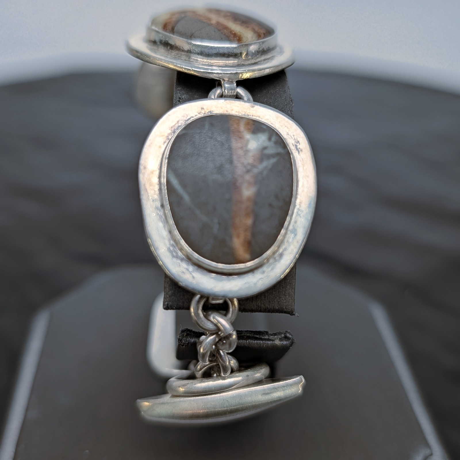 Vintage 925 Sterling Silver Bracelet+Linked Cabochon+Chunky Jasper Stone⭐