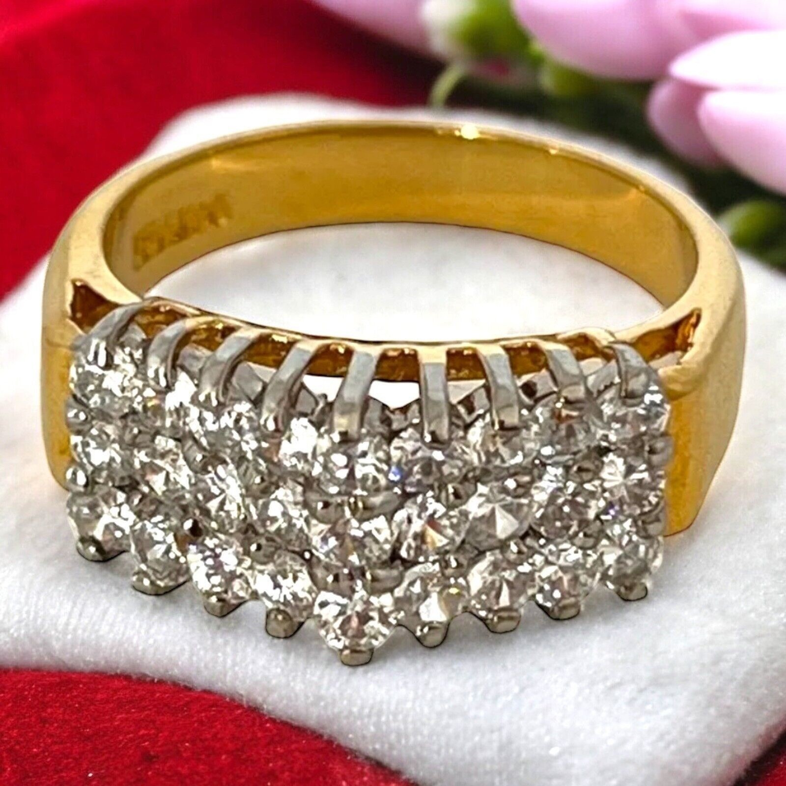 Vintage 1980s Ring Size 6 CZ Cluster Three Row Prong Set Gold Plated – 14M
