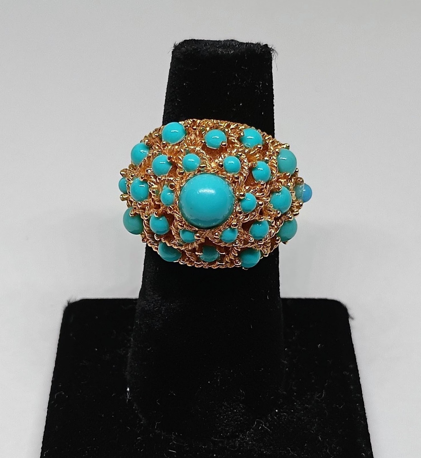 Vintage Crown Trifari Gold Tone Turquoise Dome Adjustable Statement Ring