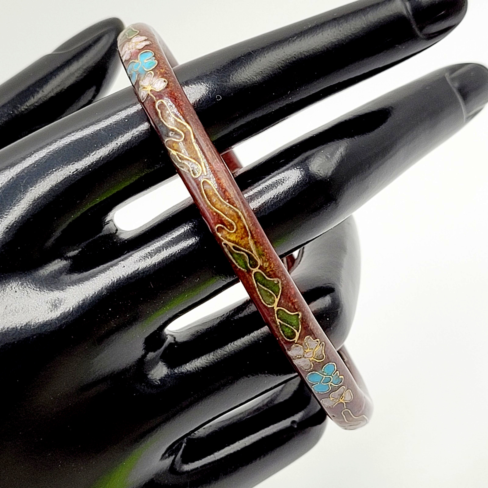 Cloisonné Deep Red Enamel Floral Hand Painted Asian Inspired Bangle Bracelet