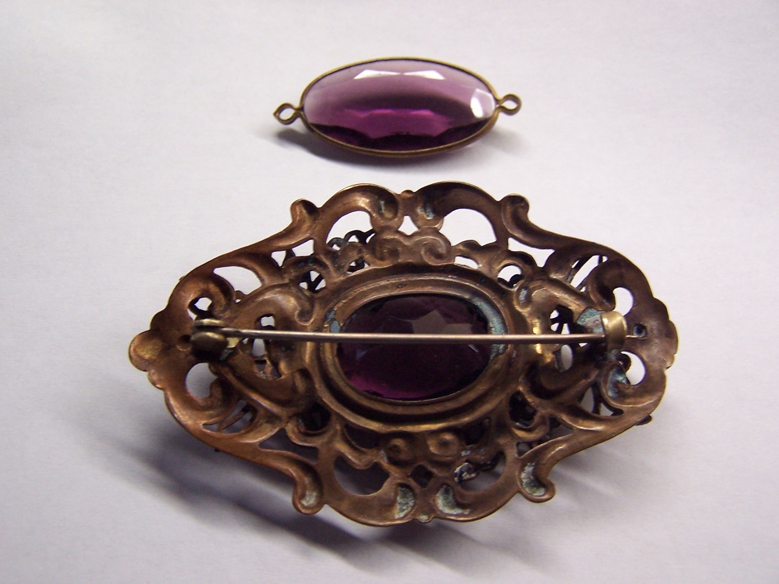 amethyst glass & brass filigree antique brooch pin & pendant