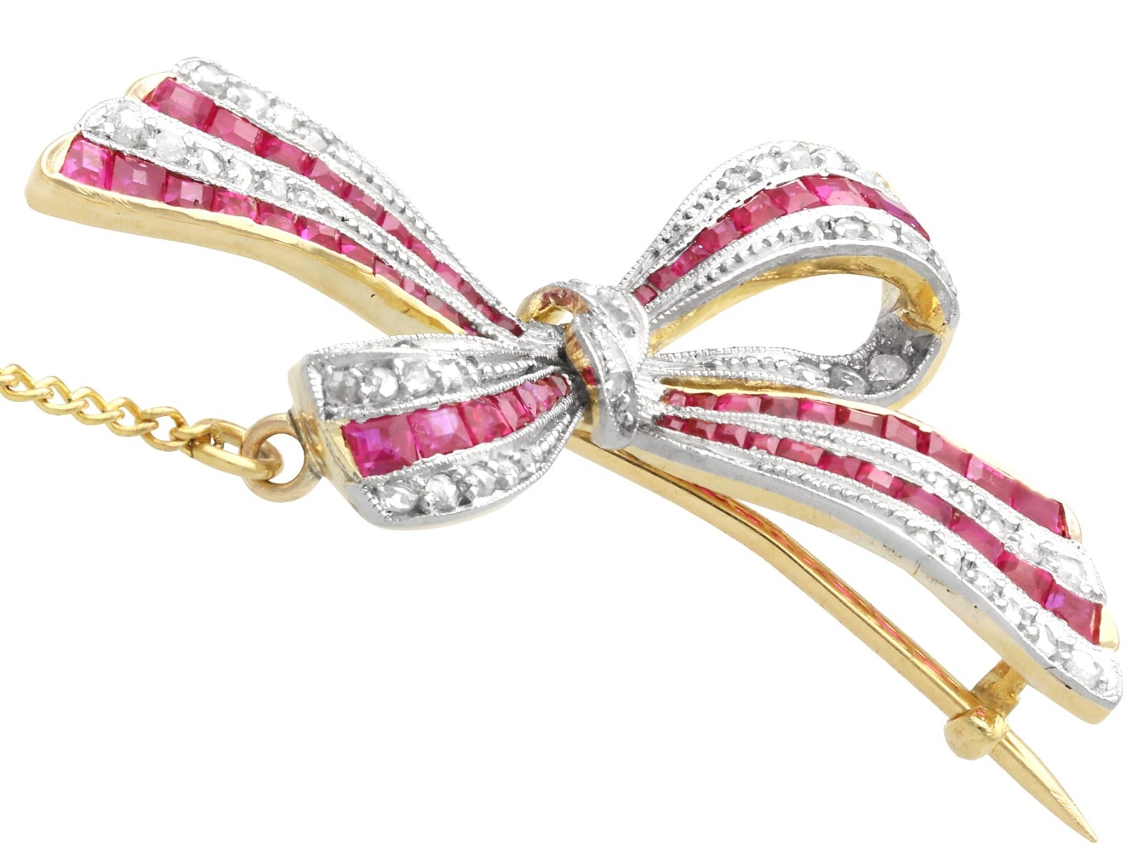 Antique 0.78Ct Ruby and 0.40Ct Diamond 18k Yellow Gold Bow Brooch Circa 1910